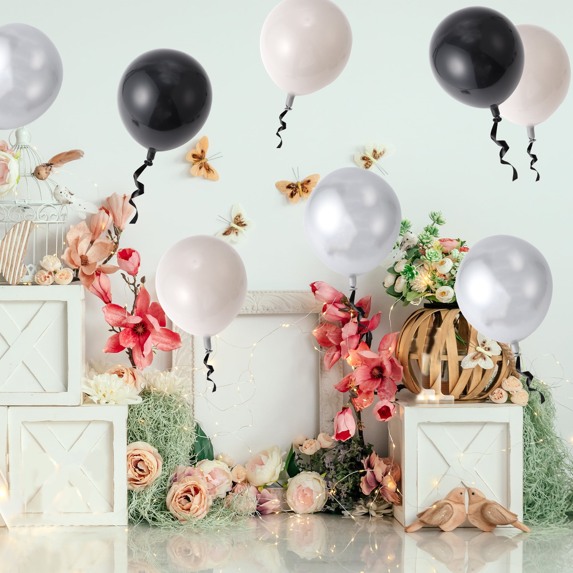 Unique Bargains Latex Party Balloons with Ribbon, Decorative Set for Weddings and Birthdays (Black, White, Gray, Silver, 20 Pack, 10 in) blwvk