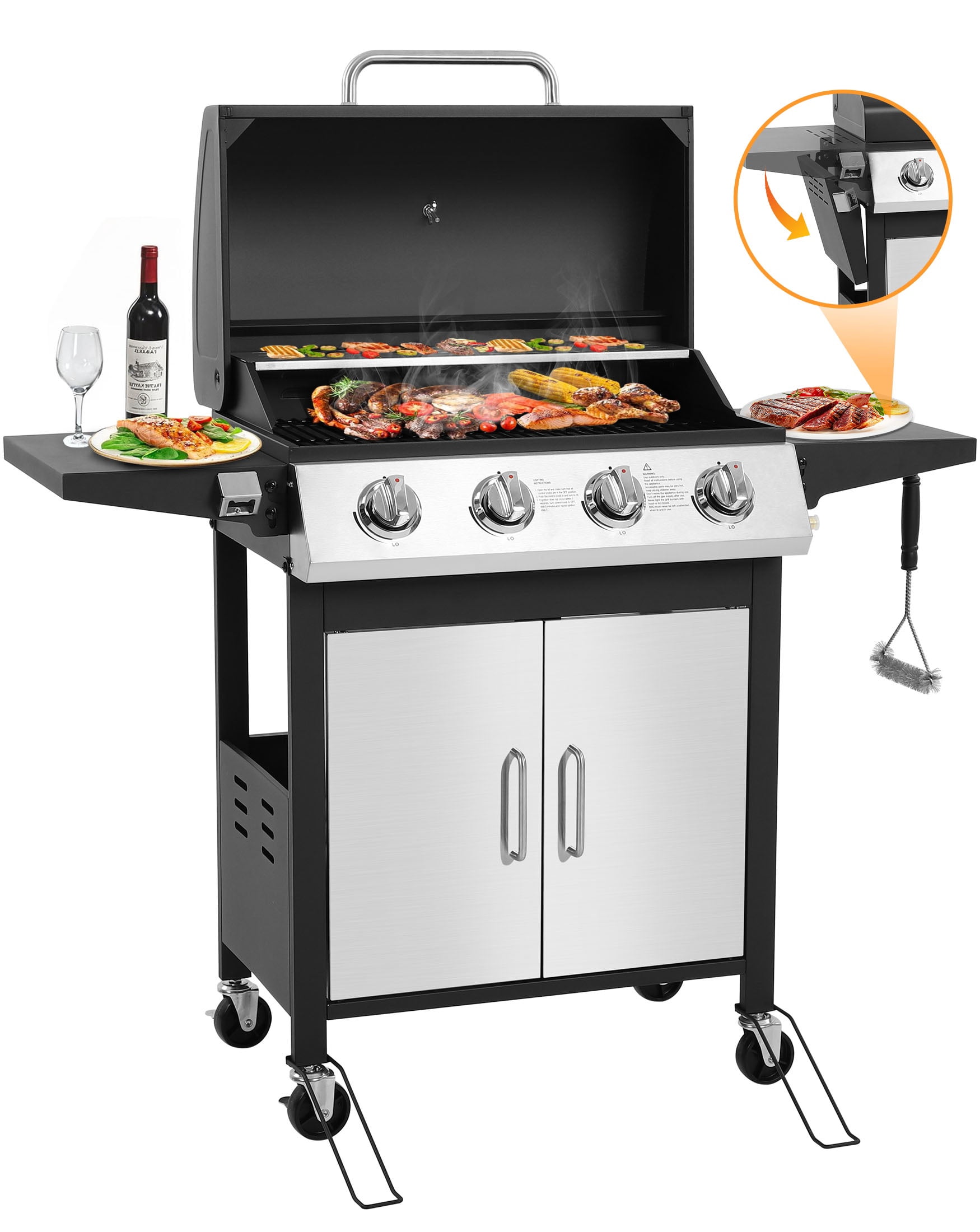 Segmart 4-Burner Propane Gas Grill, Stainless Steel Outdoor Barbecue Grill with Side Tables and Thermometer (40,000 BTU) sjvjb