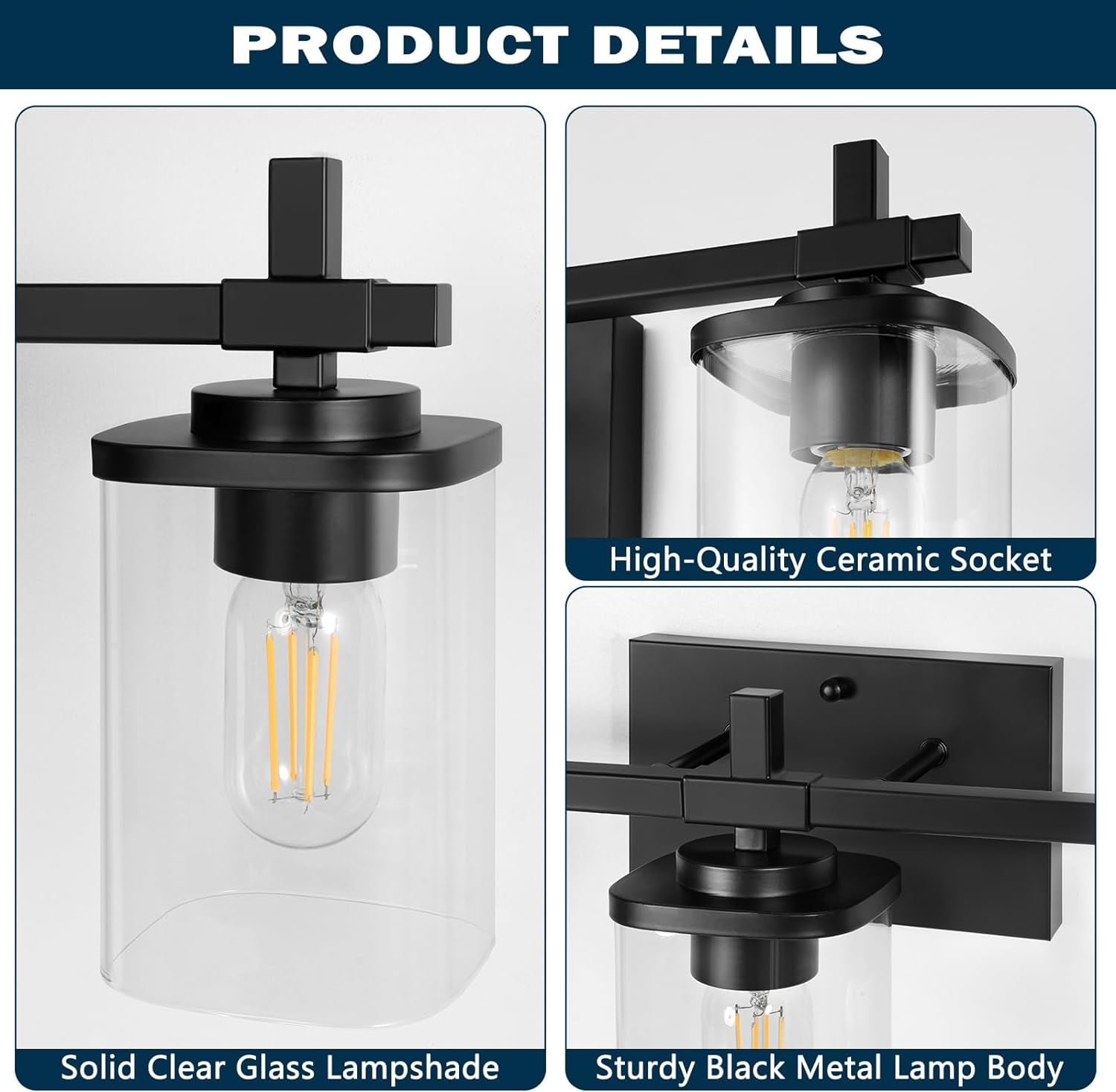 Pynsseu 24 in 3-Light Bathroom Vanity Light Fixture, Matte Black Wall Sconce with Clear Glass Shades 3t5dh