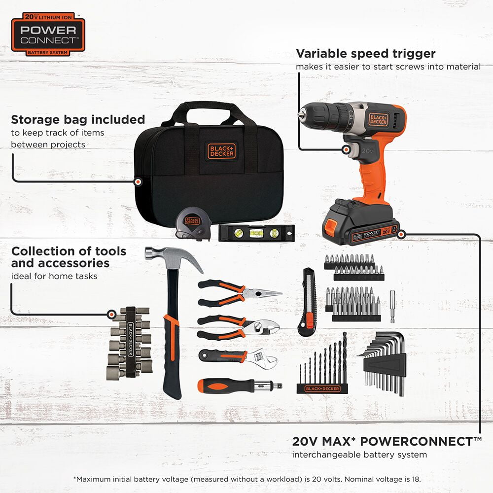 BLACK+DECKER 20V Cordless Drill and Driver Project Kit (Black, 83 Piece Set) dyeyv