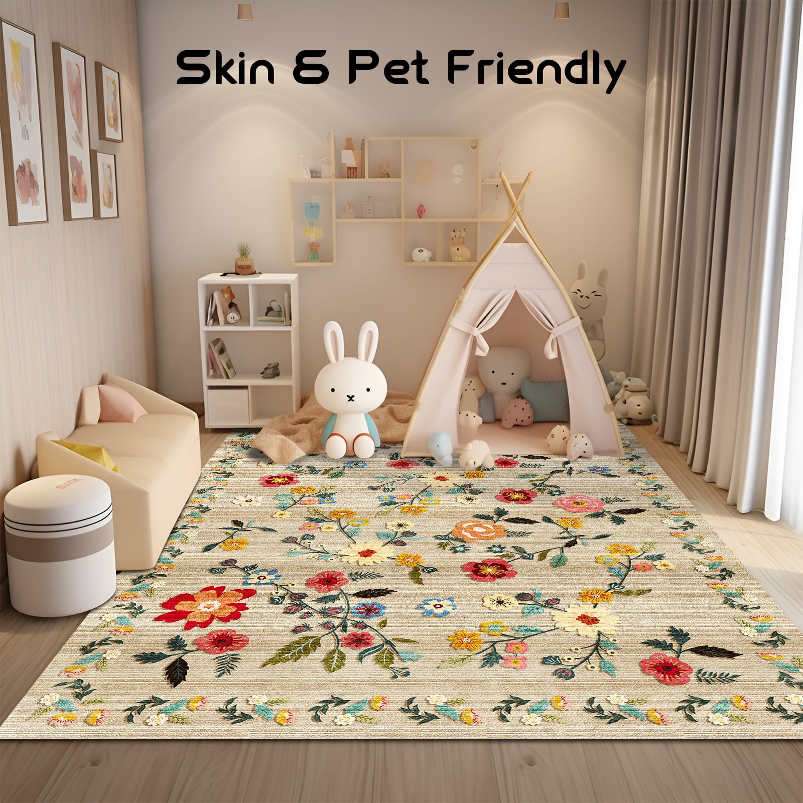 Pentantan Floral Area Rug, Machine Washable Soft Indoor Carpet for Living Room and Bedroom (Beige, 5 ft x 7 ft) xsutb