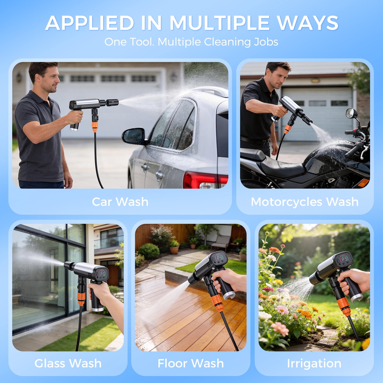 ManTong Foldable Cordless Pressure Washer, Portable Battery Power Cleaner with 5-in-1 Nozzle & LCD Display (Black, 1 Unit) 9scmd
