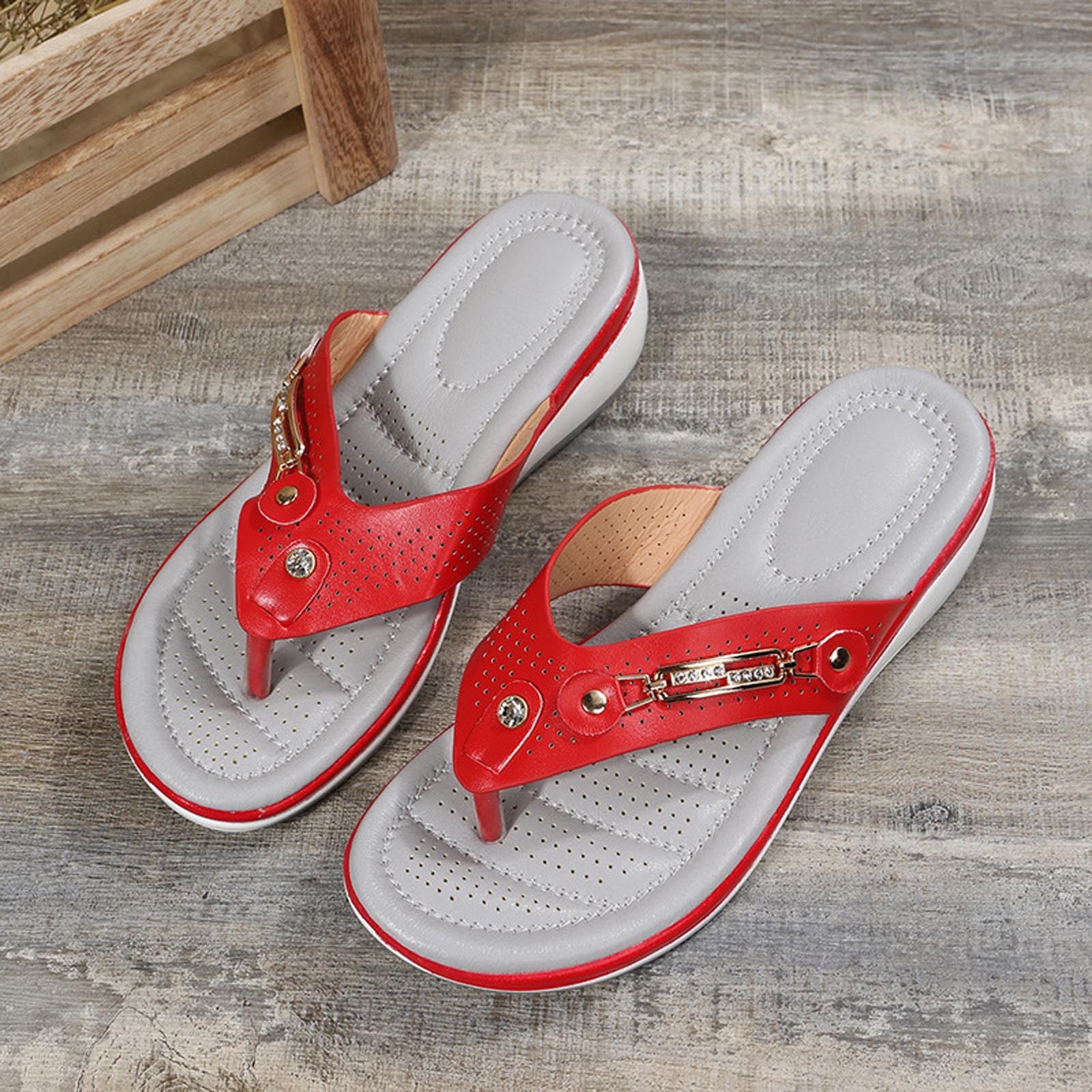 Sawvnm Orthopedic Wedge Sandals for Women Arch Support Open Toe Beach Slippers (Red, US 4.5) g1rd8