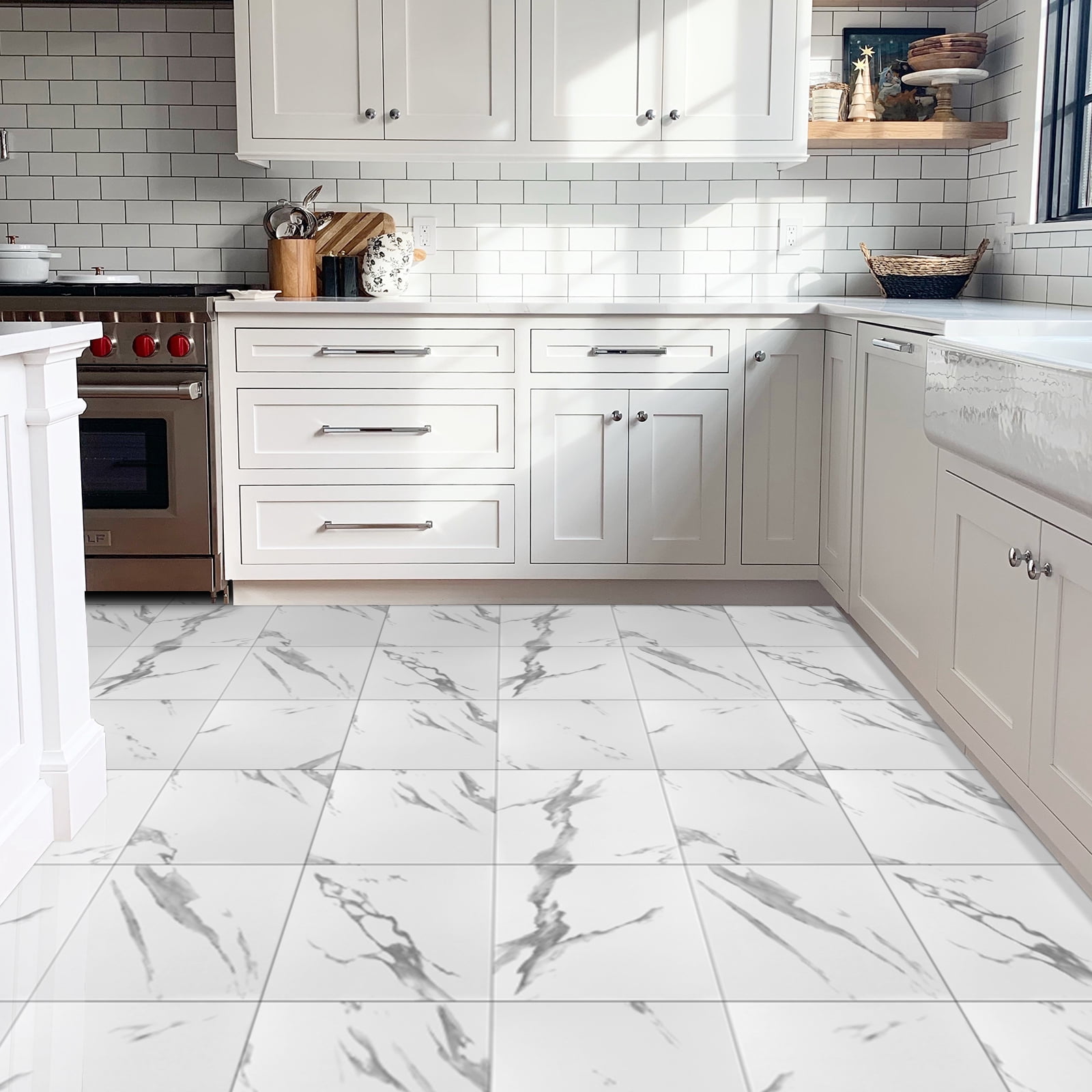 Abyssaly Peel and Stick Vinyl Floor Tiles, Waterproof Marble Design Flooring for Kitchen and Bathroom (White, 12 in x 12 in, 10 Pack) kucl6