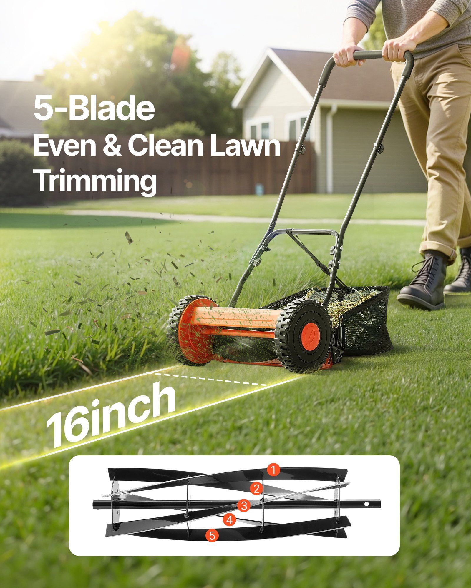 Shenmamo 16-inch Manual Push Reel Lawn Mower with Grass Catcher (Green, 16 in) 1qd6t