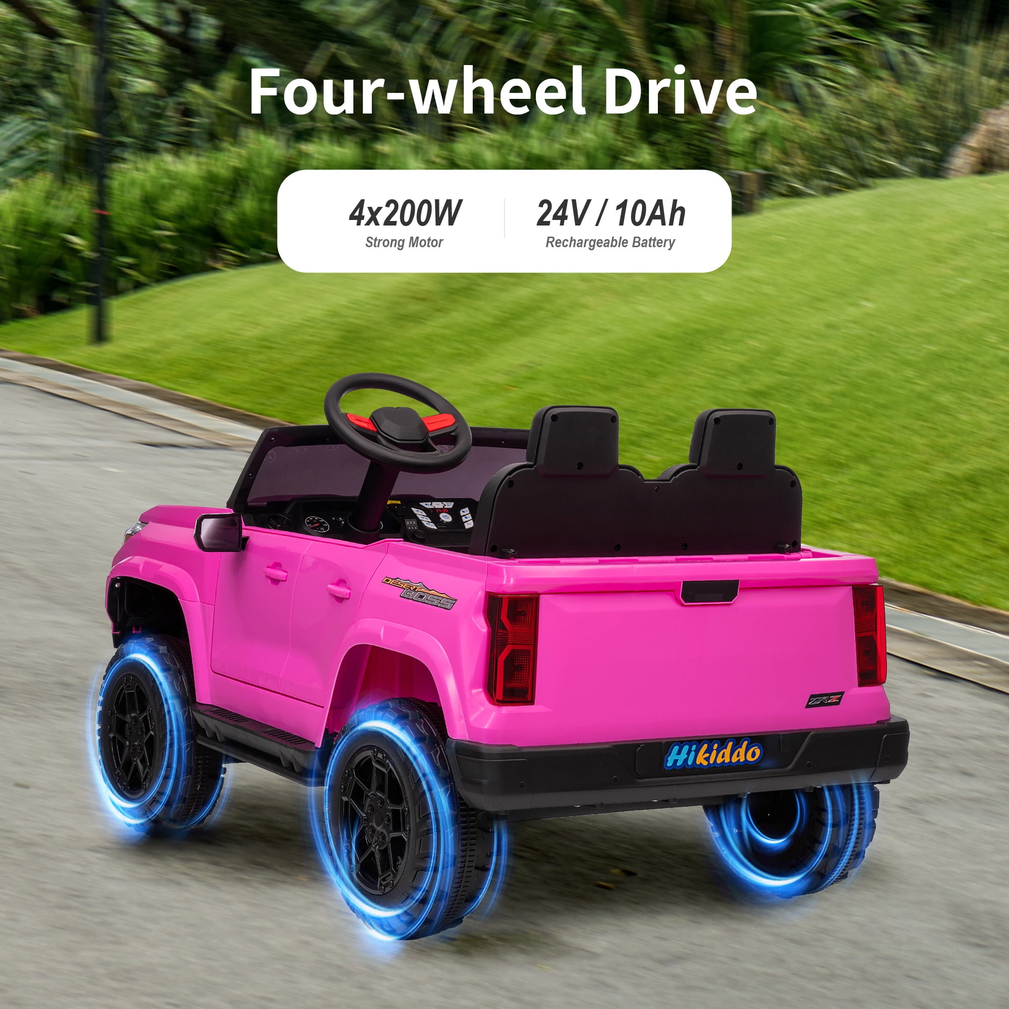 Hikiddo 4WD 2-Seater Electric Ride-On Truck for Kids, Powerful 24V Motor with Remote Control (Pink, 2-Seater) csh1b