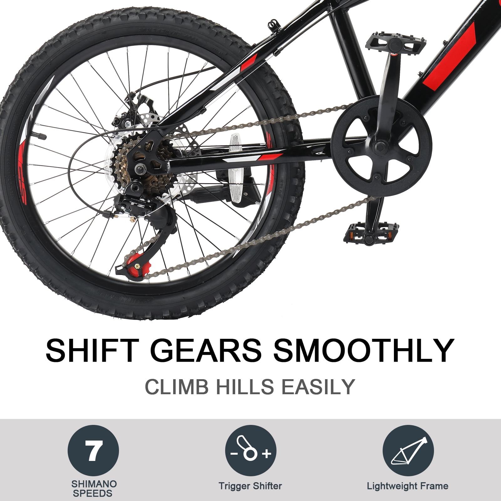 UBesGoo 7-Speed Mountain Bike, All-Terrain Bicycle with Dual Disc Brakes and Suspension (Black Red, 20 in) n0rhc