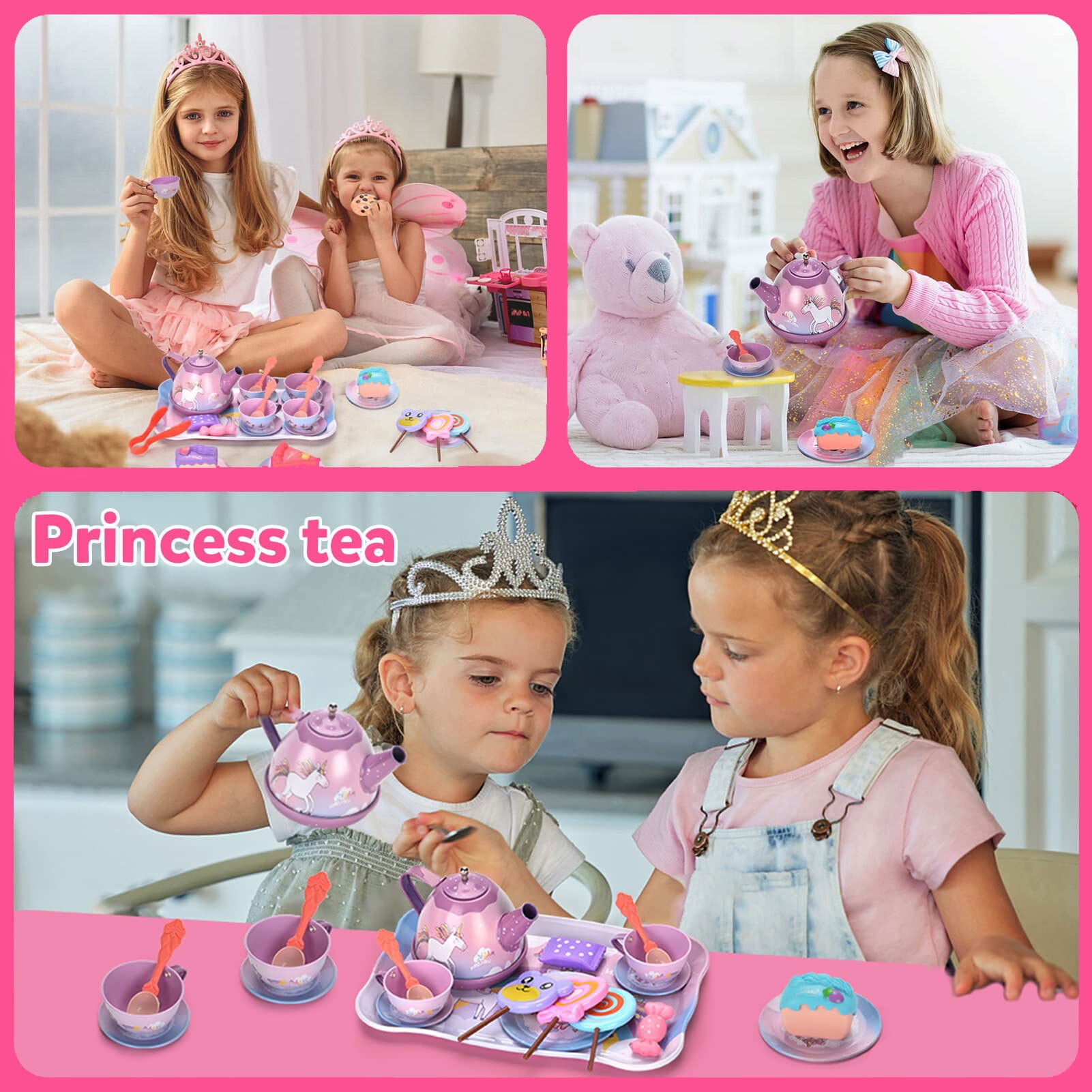 Freecat Unicorn Tea Party Set, Pretend Play Kitchen Activity Toy for Kids (Yellow, 48-Piece Set) mwhwh