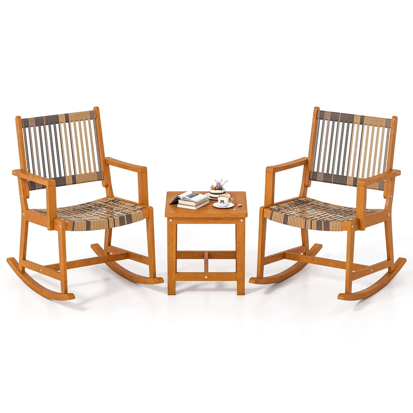 Costway 3 Piece Patio Rocking Bistro Set with Rattan Chairs and Square Side Table (Brown, 3 Piece Set) z81pt