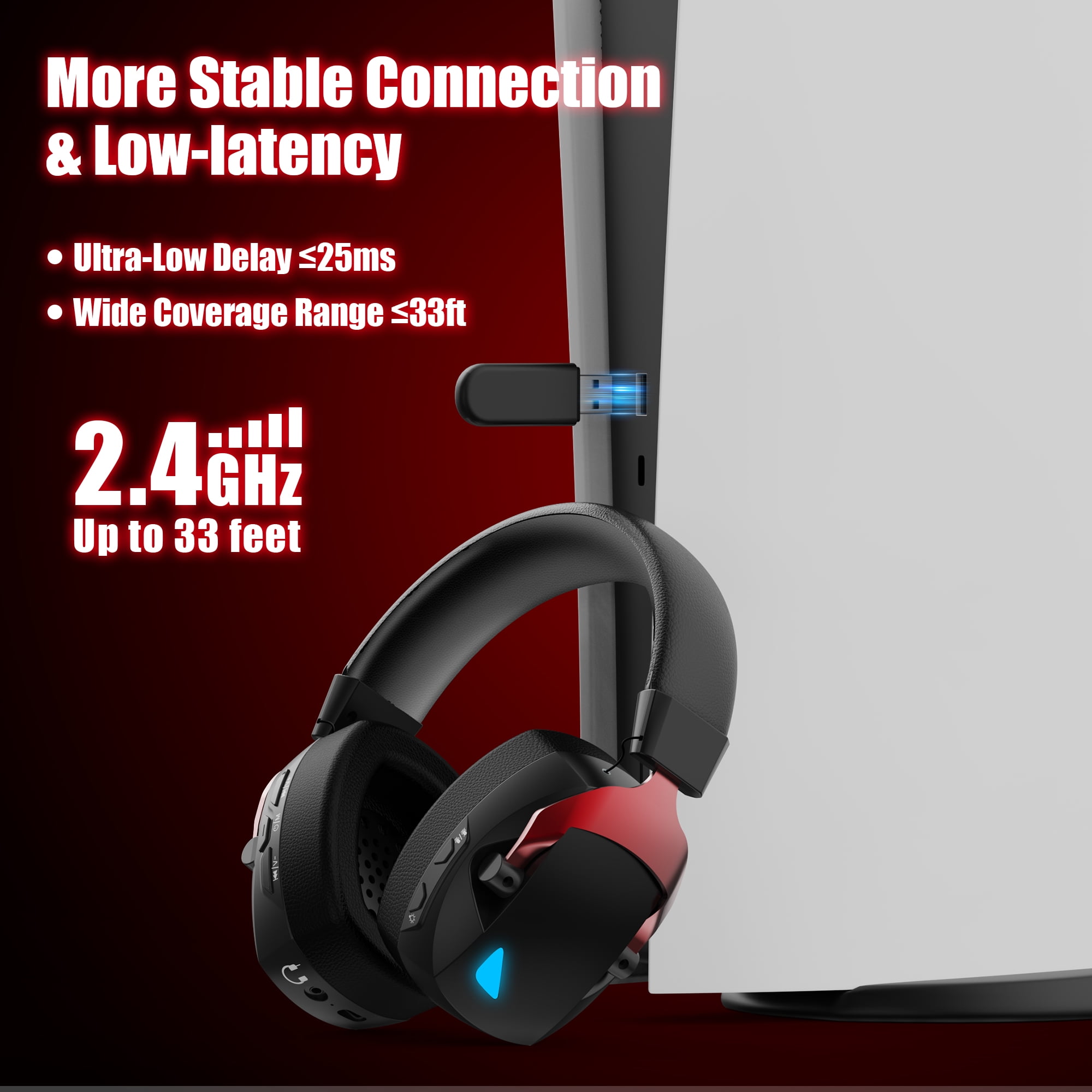 Mollan Wireless Gaming Headphones, Over-Ear Noise-Canceling Headset with RGB Lighting (Red, 1 Pack) bmij5