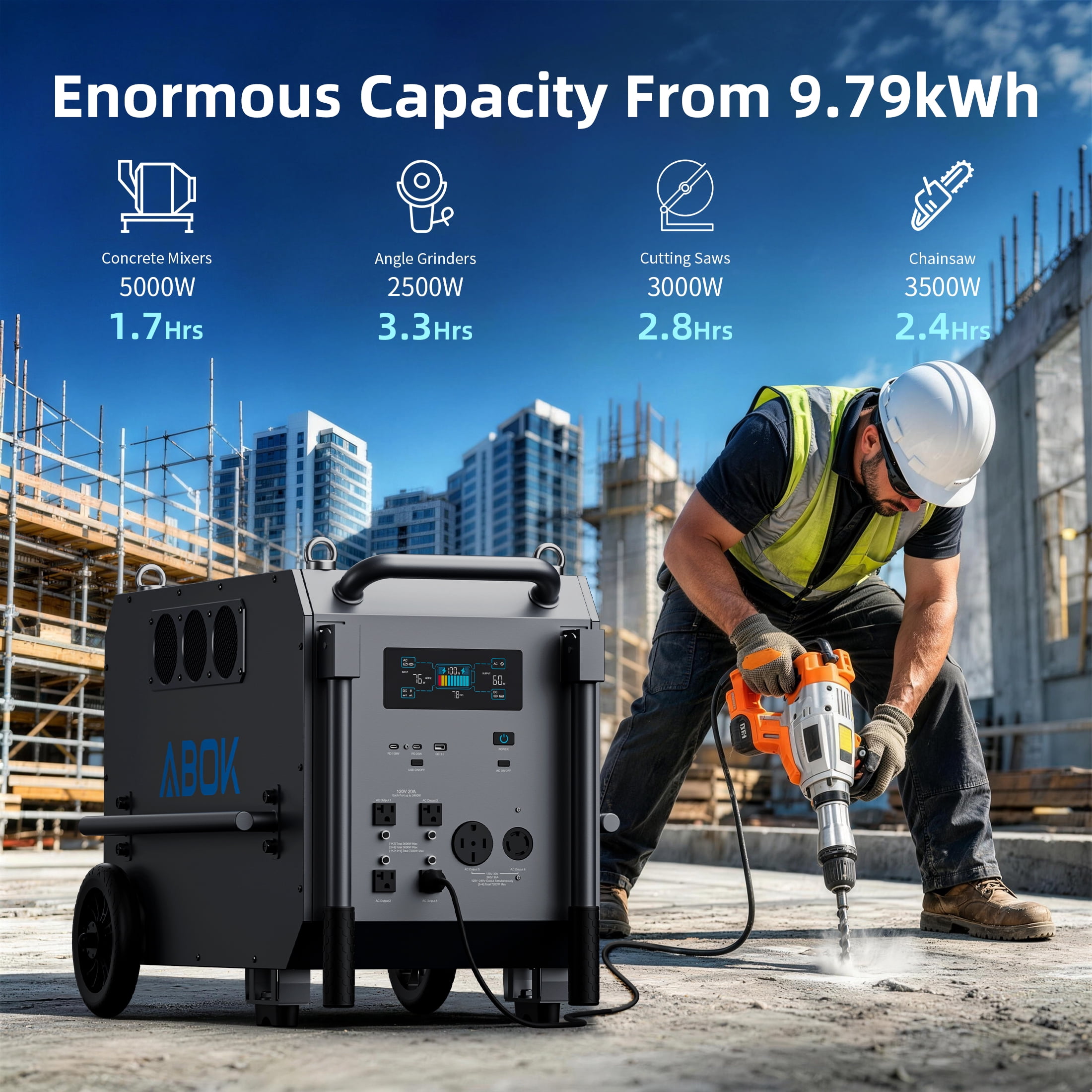 ABOK Ark7200 Portable Power Station, 7200W Solar Generator with 9792Wh LiFePO4 Battery, 120V/240V Split-Phase Backup for Home and RV (Black, 9792Wh) 13riy