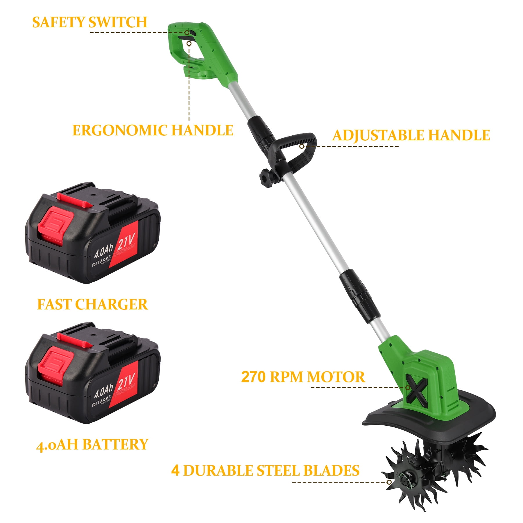 HUSGW 21V Cordless Electric Garden Tiller Cultivator (9 in Tilling Width, 2 Batteries) 85036