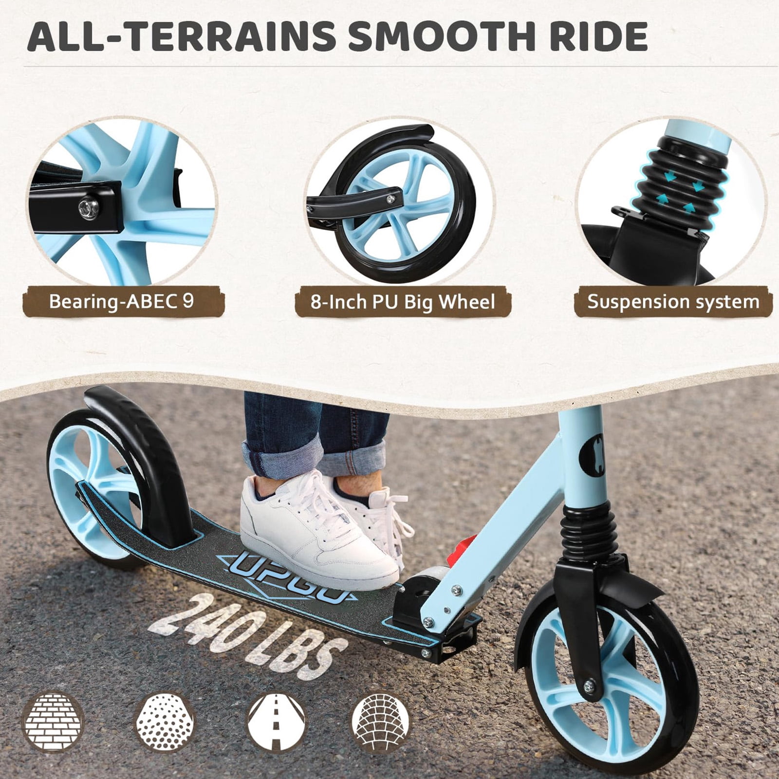 Upgo Foldable Kick Scooter with Adjustable Handlebar and 8-Inch Wheels (Blue, 240 lb Capacity) l1ddw