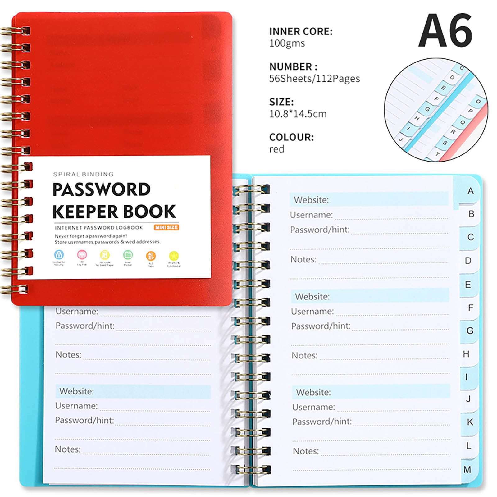 Lydiaunistar Mini A6 Password Notebook with Alphabetical Tabs, Spiral Bound Organizer (Red, 4.25 in x 5.7 in) pcmww