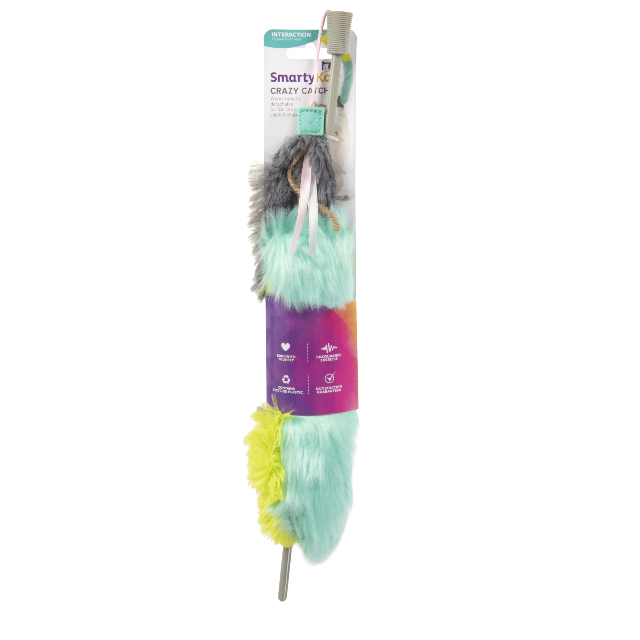 SmartyKat Crazy Catch Interactive Wand Cat Toy with Breakaway Plush Tails (Gray/Blue, 30 in) lygt2