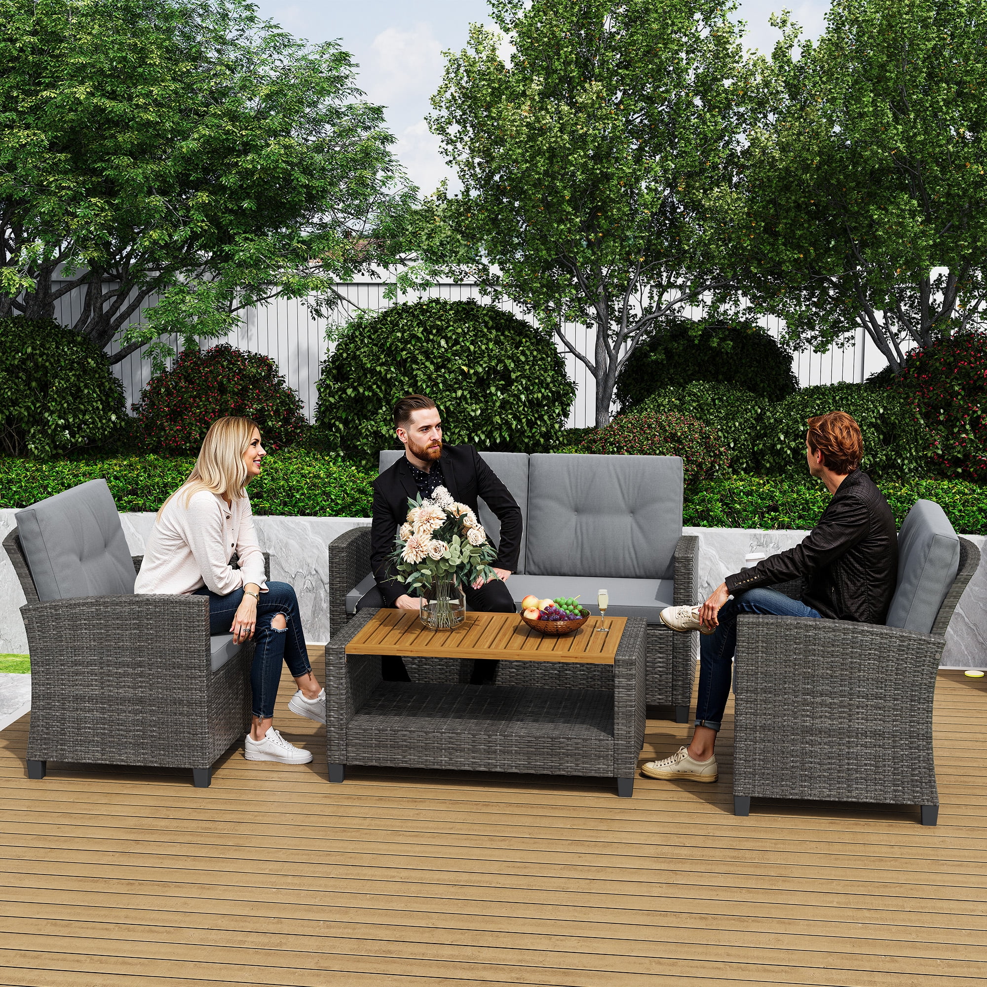 Heynemo 4-Piece Outdoor Patio Furniture Set, Rattan Conversation Set with Acacia Wood Coffee Table and Cushions (Gray, 4-Piece) bzx19