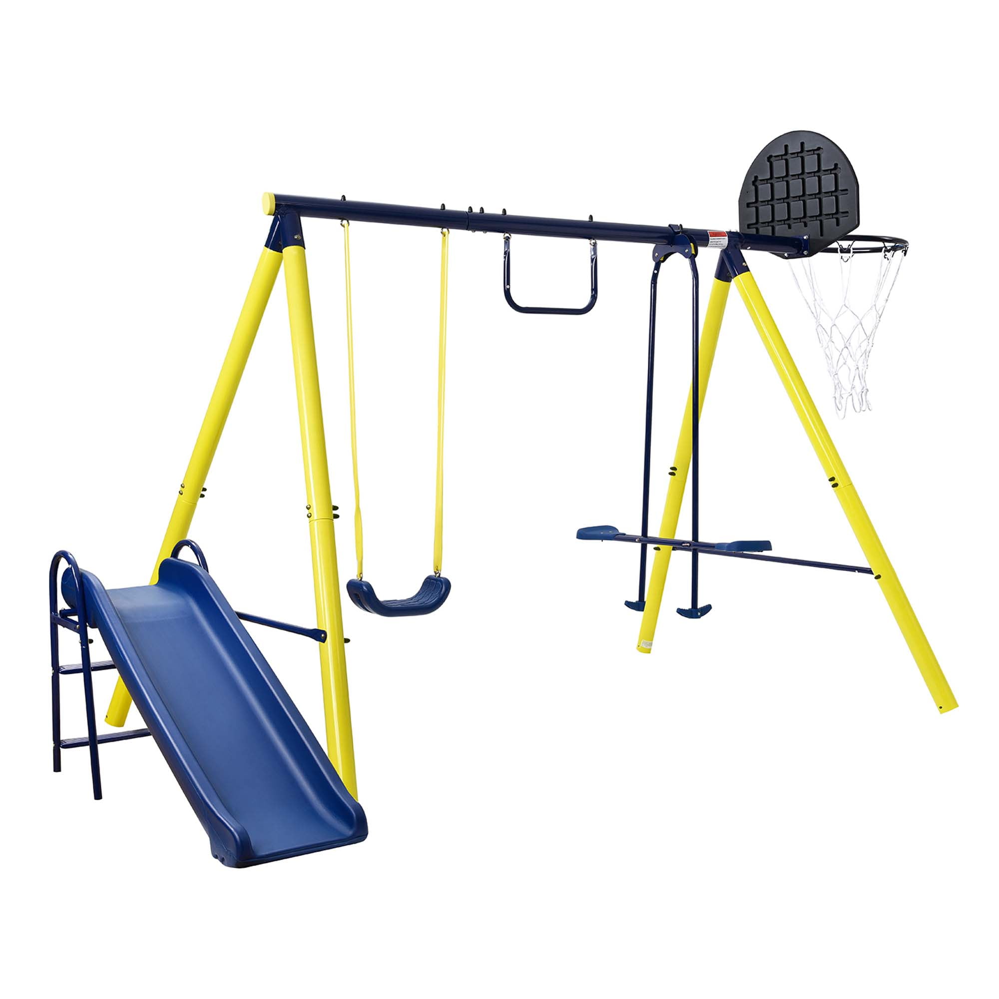 Enyopro 5-in-1 Heavy Duty Backyard Playground Swing Set with Slide, Seesaw, and Basketball Hoop (Yellow) eihpo