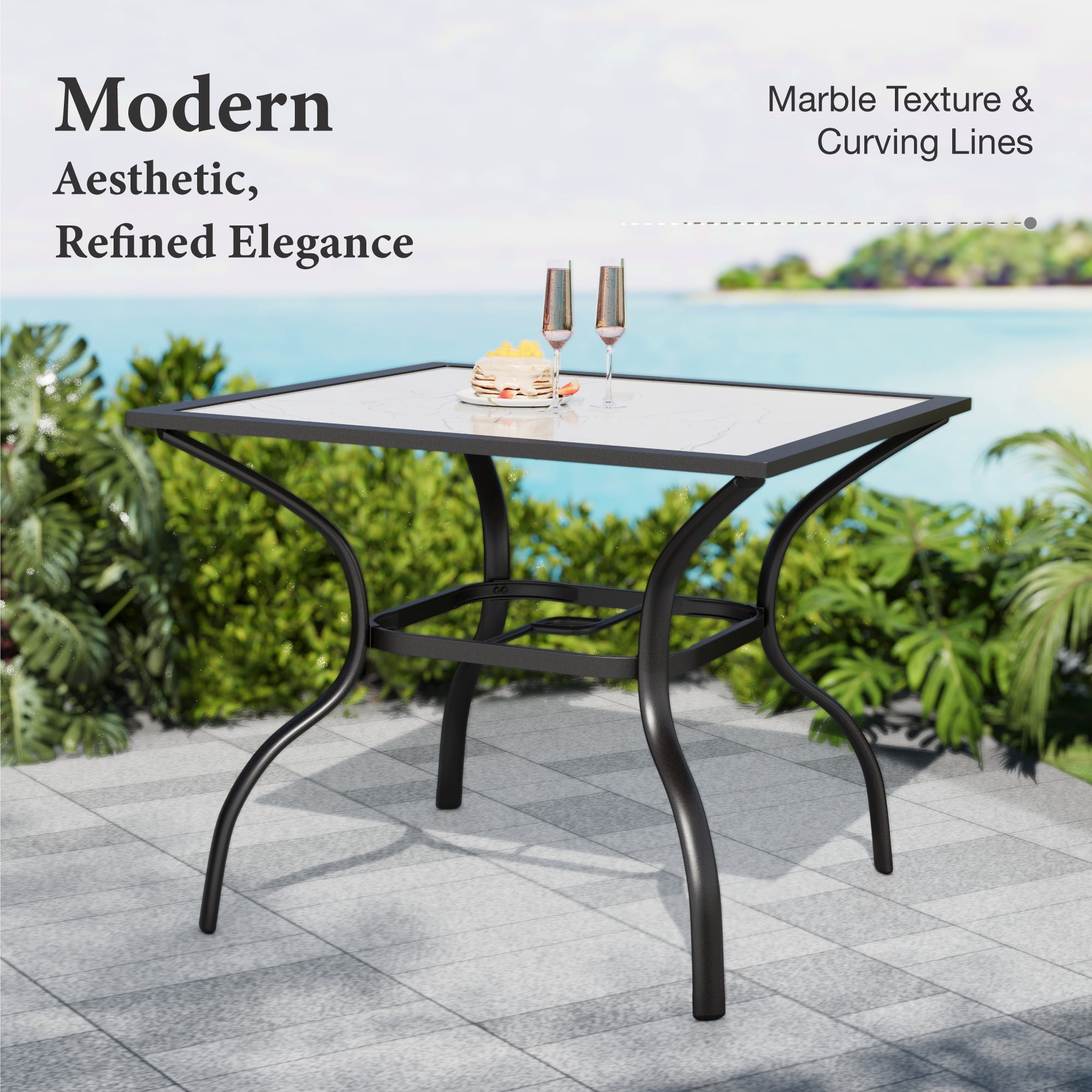 Summit Living 5-Piece Outdoor Patio Dining Set, Stackable Textilene Chairs and Metal Square Table with Marble Tabletop (Black, 350 lb Capacity) 51psz