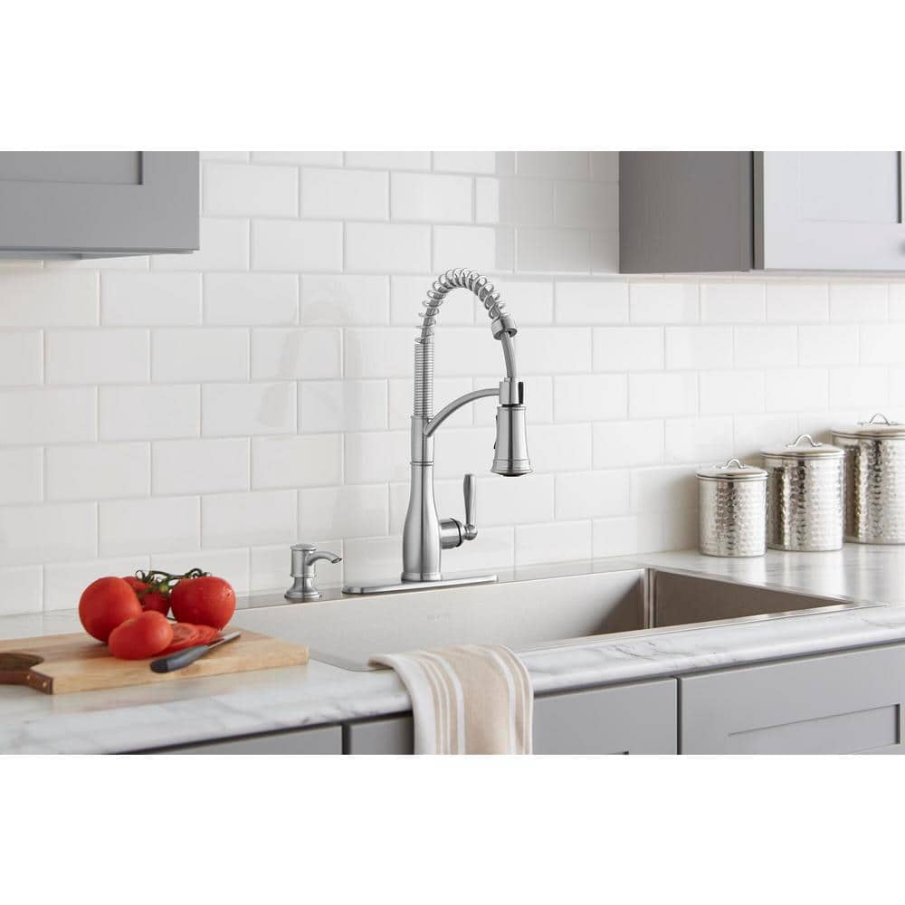 Glacier Bay Mandouri Single Handle Spring Neck Pull Down Kitchen Faucet with Soap Dispenser (Stainless Steel) aruyq