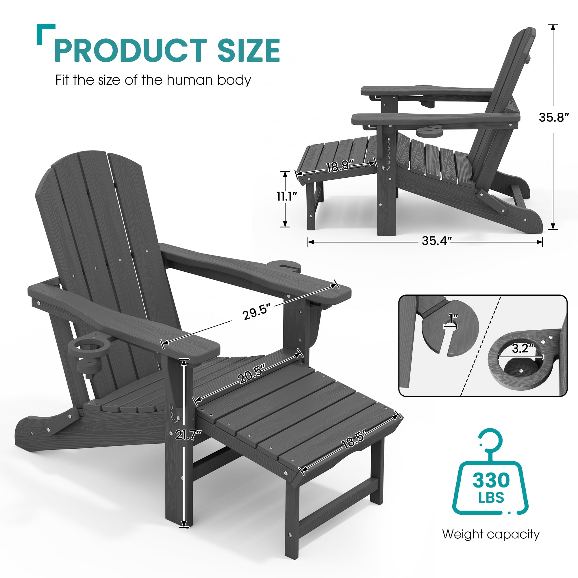 KINGYES Folding Adjustable Adirondack Chair with Retractable Ottoman (Grey, Set of 2) jf7ar