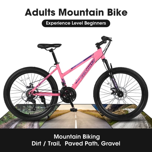 RAISTYW 26 in Mountain Bike for Women, 21-Speed High-Carbon Steel Frame with Dual Disc Brakes (Pink, 26 in) ouug7