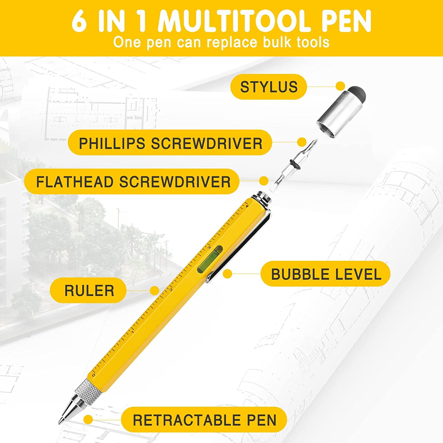 MOIPEJO 6-in-1 Multitool Pen with Stylus and Screwdriver Set (Yellow, 1 Pack) 4g3oi