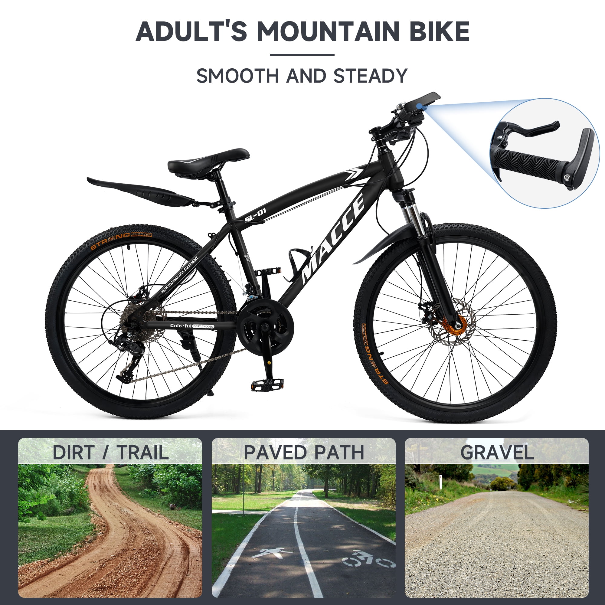 Bruce & Shark Mountain Bike 27 Speed Hardtail with Front Suspension (Black, 27.5 in) gw4lw