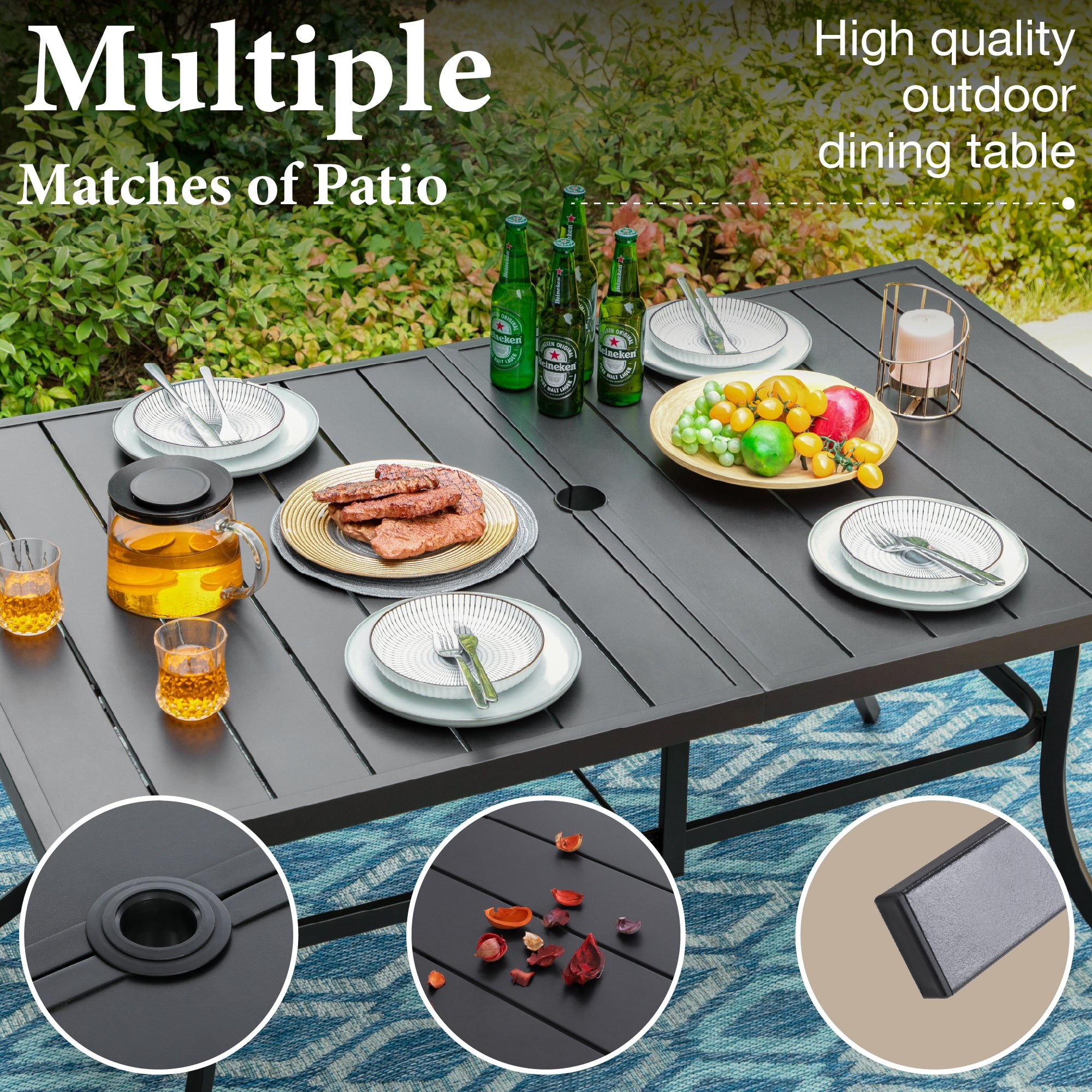 MF Studio 8-Piece Outdoor Patio Dining Set with 13ft Umbrella and 59 in Metal Table (Beige, 8-Piece Set) 5vx29