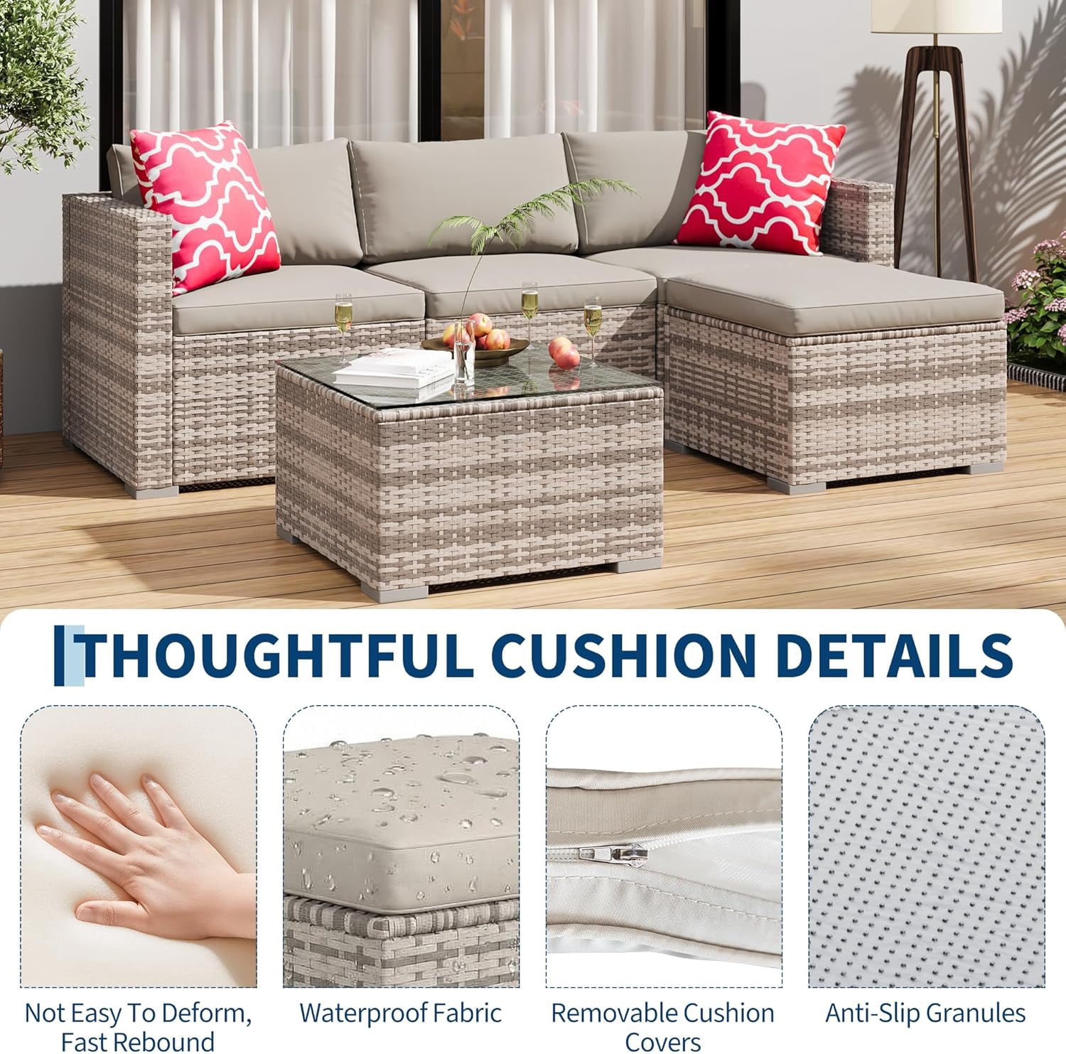 IdealHouse 5-Piece Outdoor Sectional Sofa Set, All-Weather PE Rattan Patio Furniture with Ottoman & Tempered Glass Table (Gray, 5-Piece Set) fbzxn
