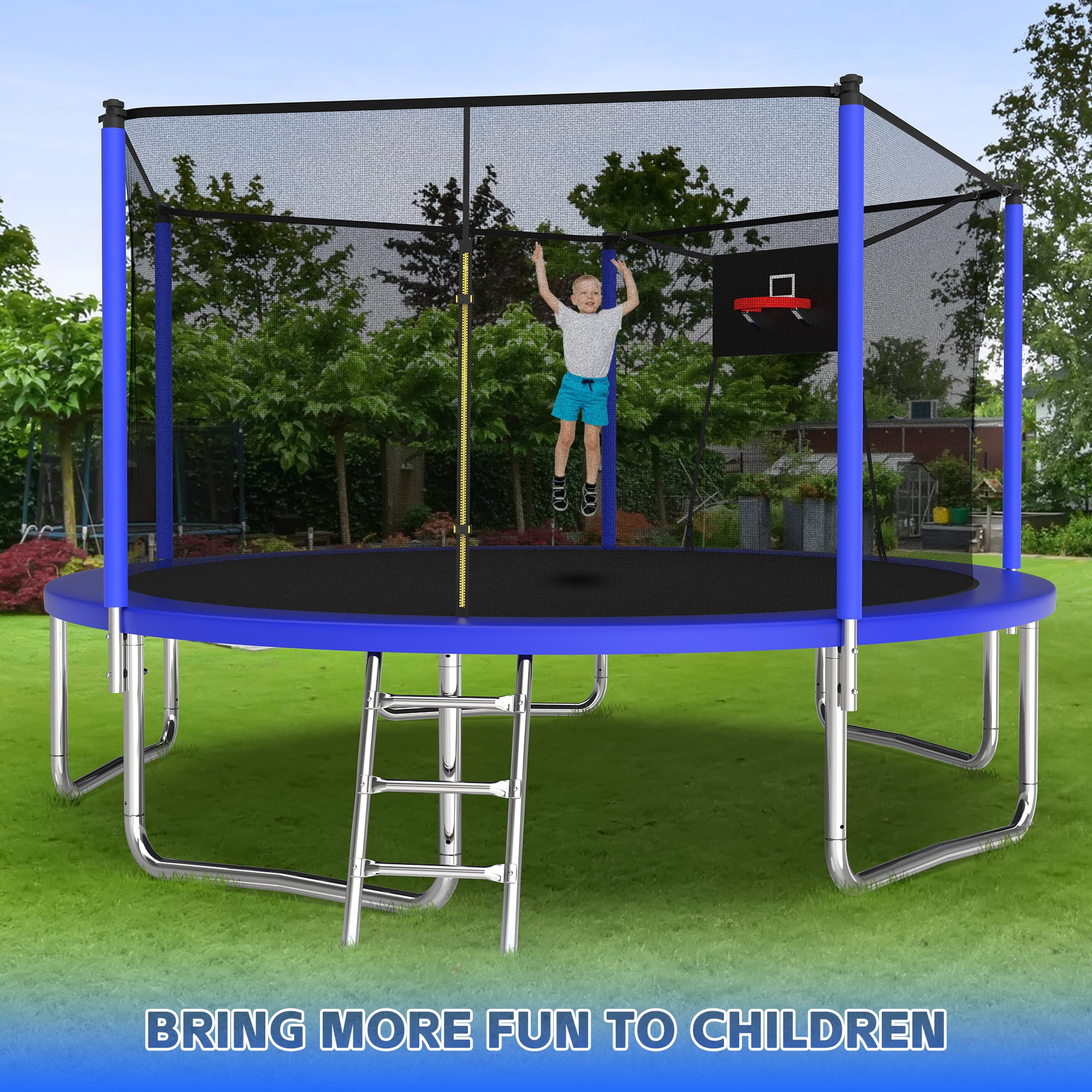 Leumius 14ft Trampoline with Basketball Hoop and Safety Enclosure Net (Blue, 14 ft) cbf7u