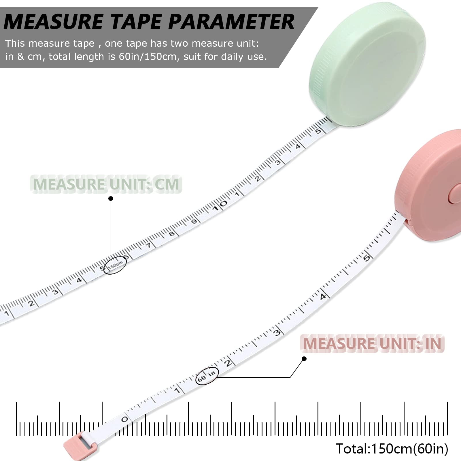 Dihmpor Retractable Tape Measure and Soft Measuring Tape Set for Body and Sewing (60 in, 8 Pack) tsphv