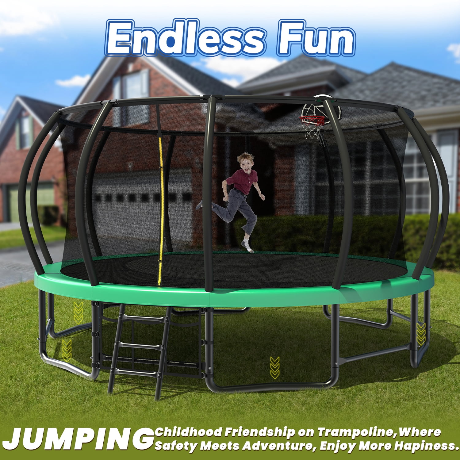 Leumius 16 ft Recreational Trampoline with Safety Enclosure, Ladder, and Basketball Hoop (Green, 16 ft) 6yack
