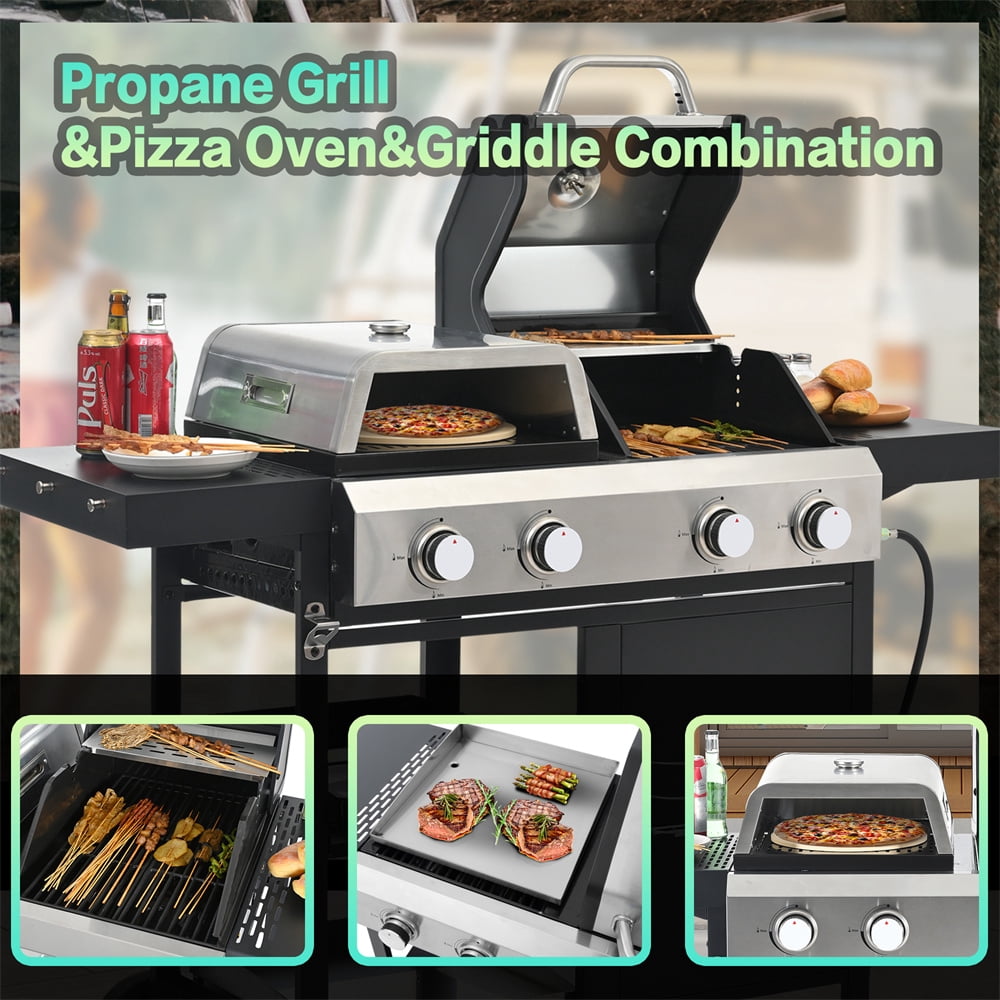 YIORTWO 4-Burner Propane Gas Grill and Griddle Combo with Pizza Oven (Black, 690 sq in) 73twn