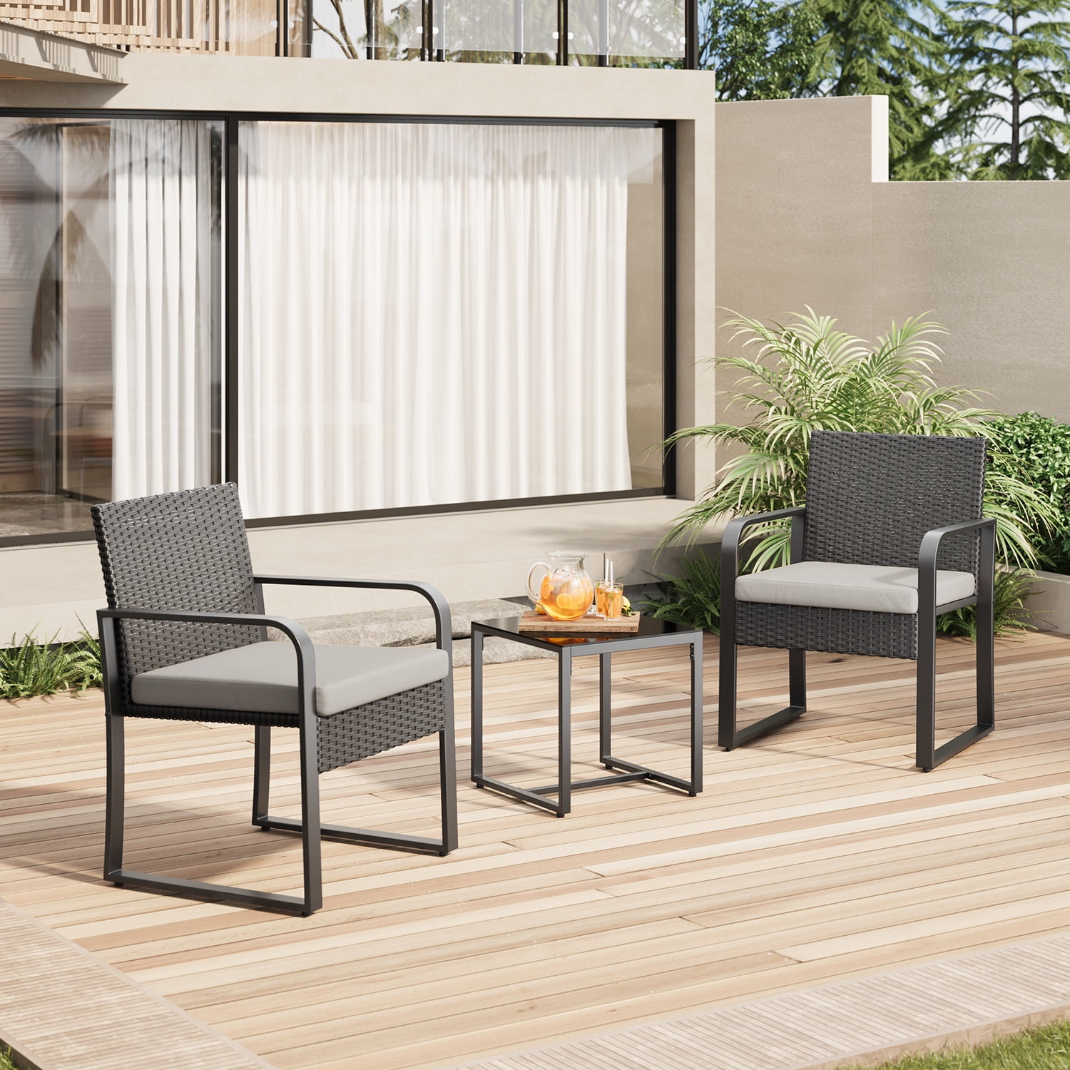 Asofer 3-Piece Outdoor Patio Furniture Set, All-Weather Wicker Bistro Chairs with Tempered Glass Table (Gray, 3-Piece Set) aovhk
