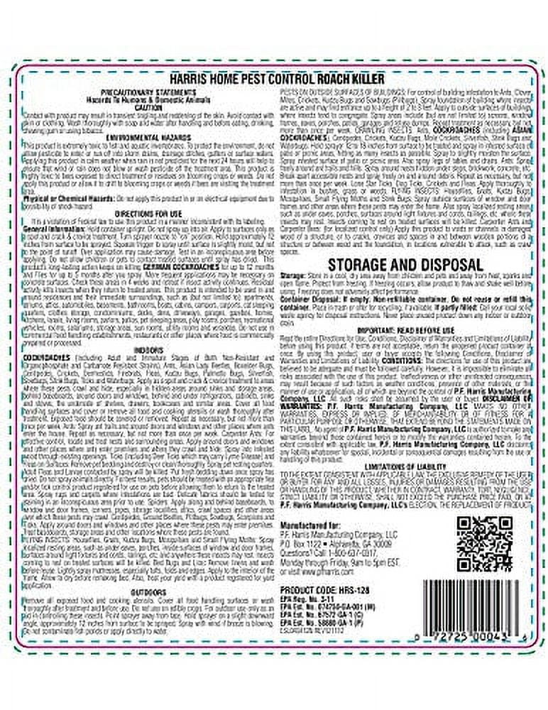 Harris Home Pest Control Roach Killer Liquid (Odorless, Indoor and Outdoor Use, 128 fl oz) ommxf
