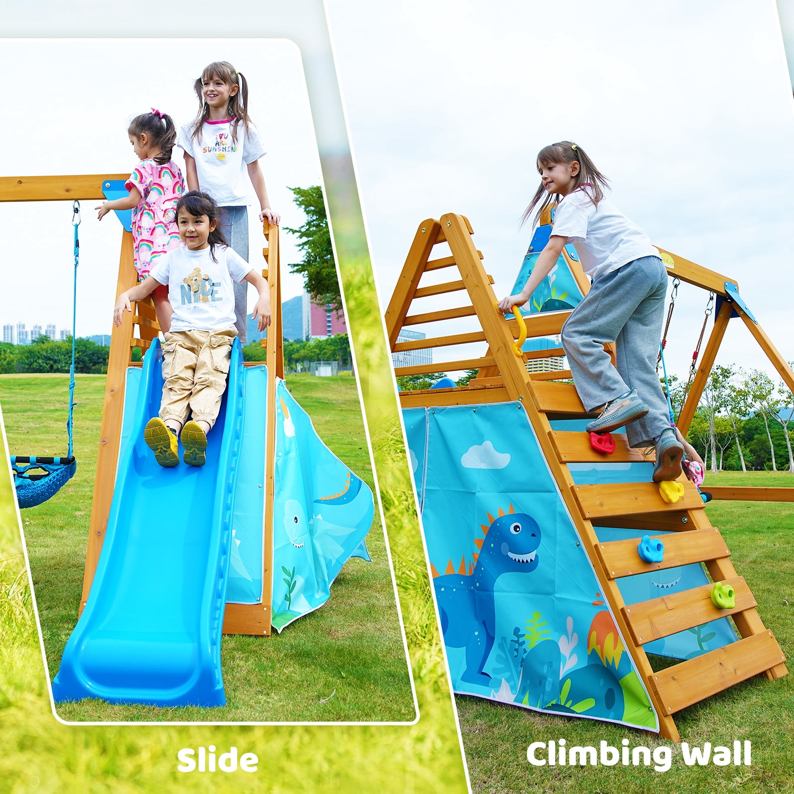 SuniBoxi Kids Backyard Wooden Playground Set with 2 Swings and Dinosaur Play Tent (Blue) o7rzi