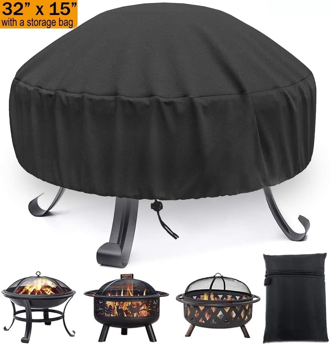 Dinosam Round Fire Pit Cover for Outdoor Gas Fireplaces, Waterproof and UV-Resistant Heavy-Duty Protection (Black, 32 in x 15 in) tett8