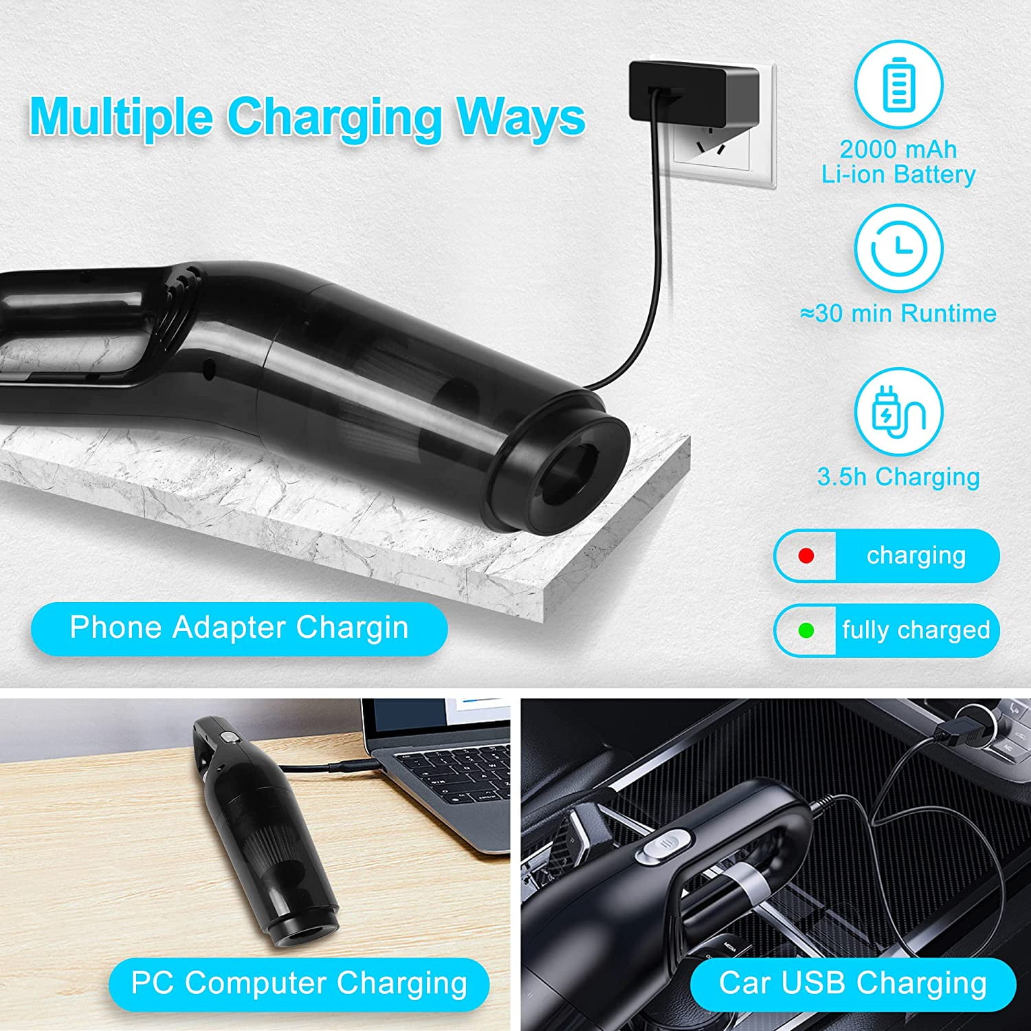COWIN Portable Cordless Handheld Car Vacuum Cleaner (Black, 13.27 in) kjjbe