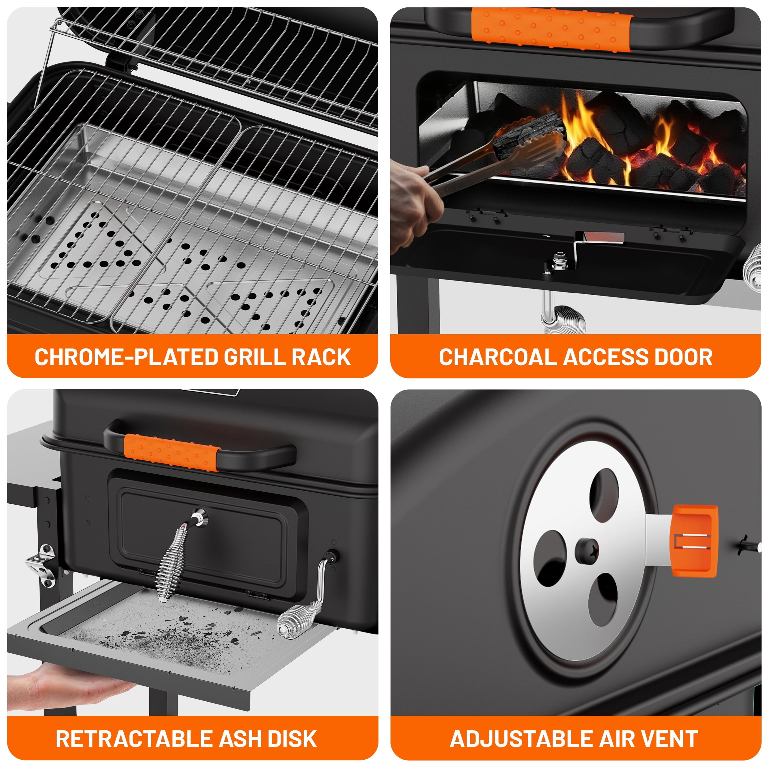 KEYO GRILL Large Charcoal Grill with Foldable Side Tables and Height-Adjustable Ash Pan (Black, 44.5 in x 36 in x 22 in) 4njvm