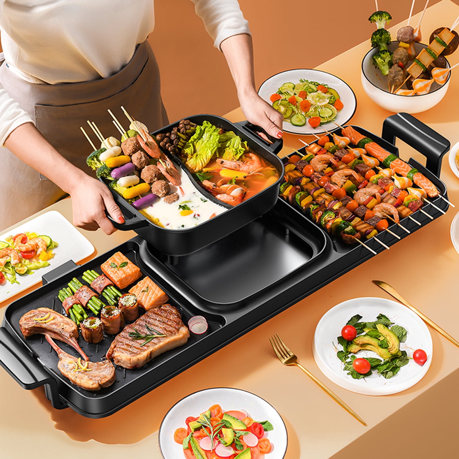 Aoran Kitchen 2-in-1 Electric Hot Pot and Smokeless BBQ Grill with Dual Temperature Control (Black, 2200W) 1at3f