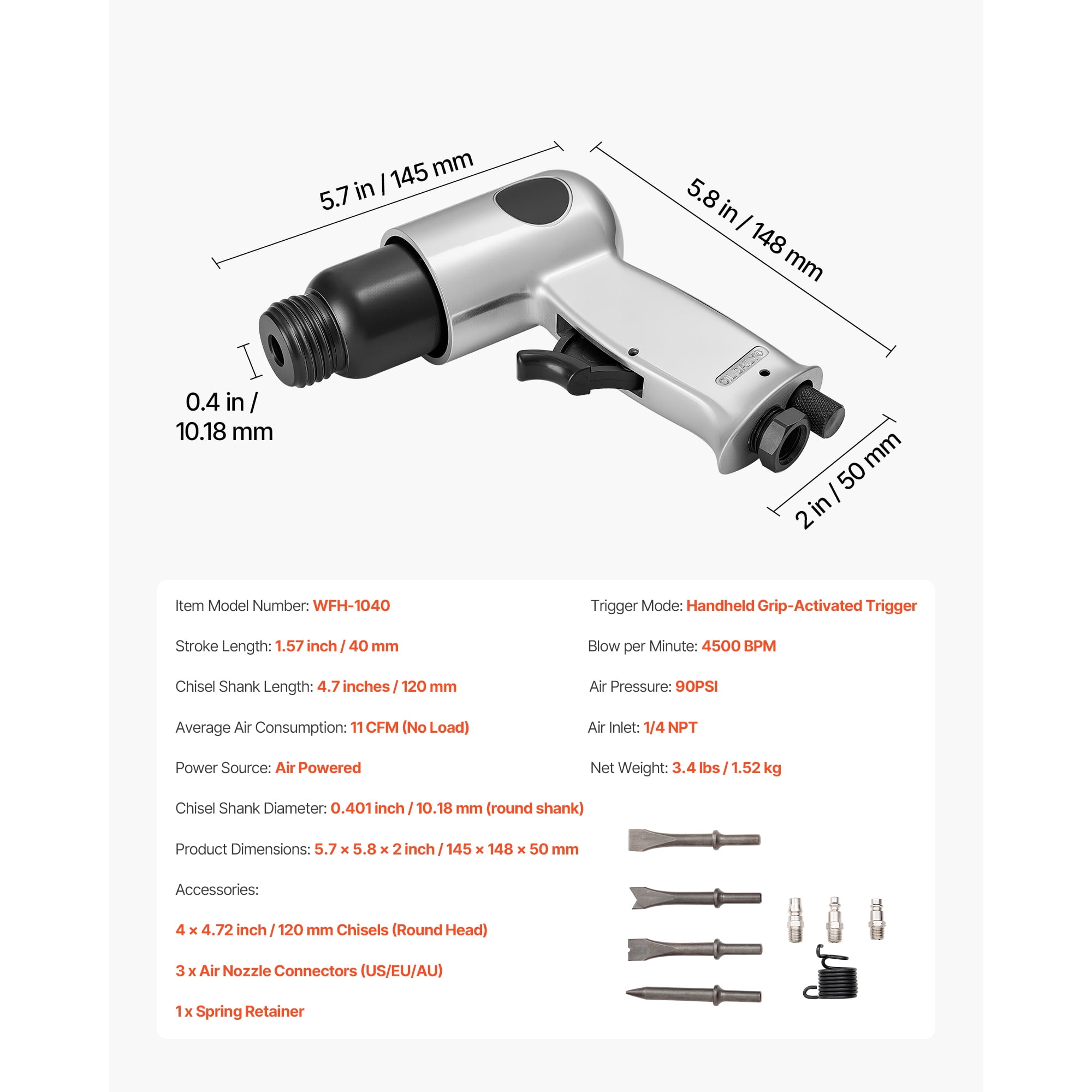 KFFKFF Pneumatic Air Hammer, 4500 BPM Heavy-Duty Air Chisel Tool with 1.57-inch Stroke and 4 Chisels (Silver) nzsow