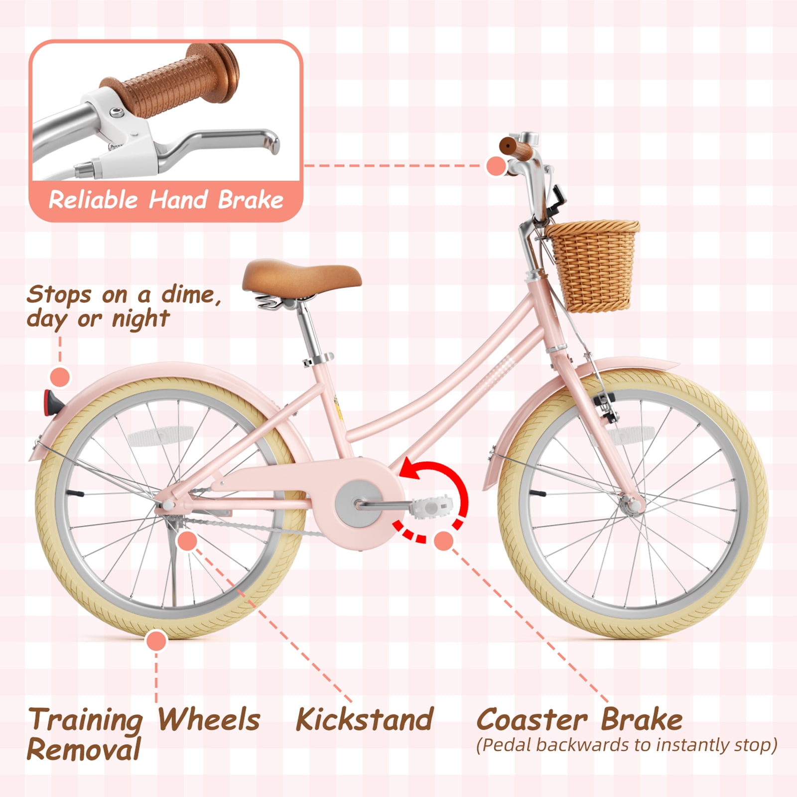 XJD 20 Inch Girls Bicycle with Basket and Kickstand (Pink, 20 in) vss94