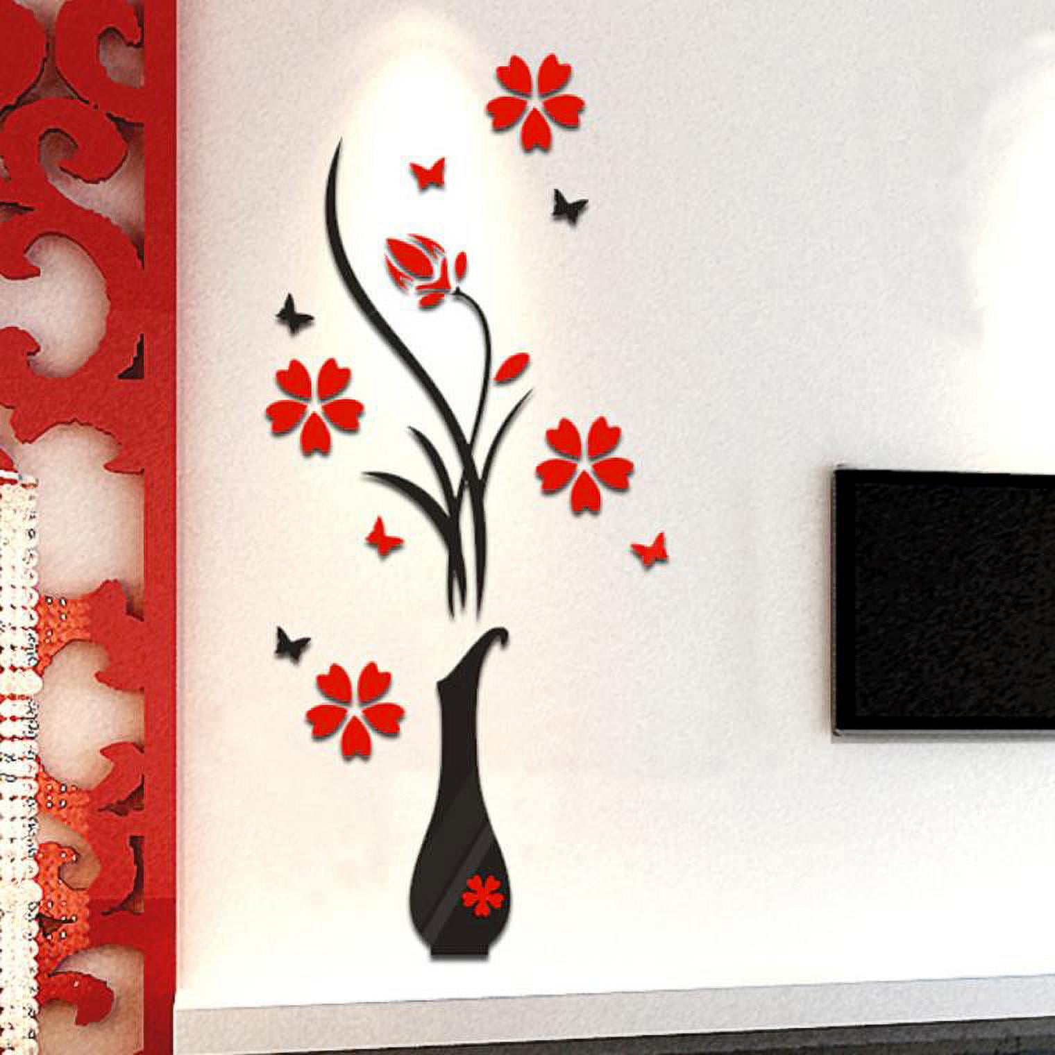 Fdelink 3D Acrylic Wall Decal Vase Flower Tree Art Decor (Black, 31.5 in x 15.7 in) ebdun