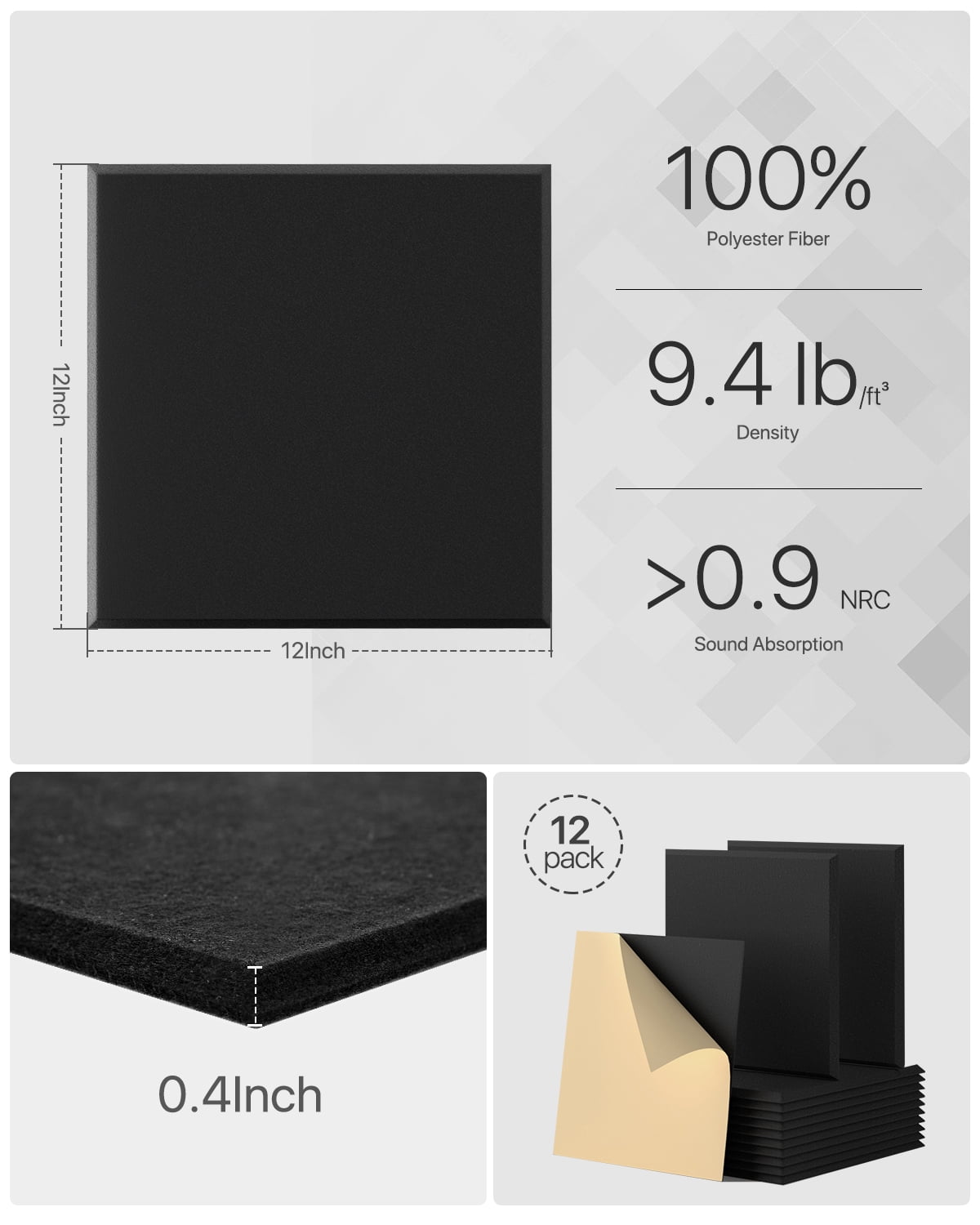 Soundsbay Soundproof Wall Panels Self-Adhesive Noise Cancelling Acoustic Tiles for Home Studio (Black, 12 Pack, 12 in x 12 in) ck77g