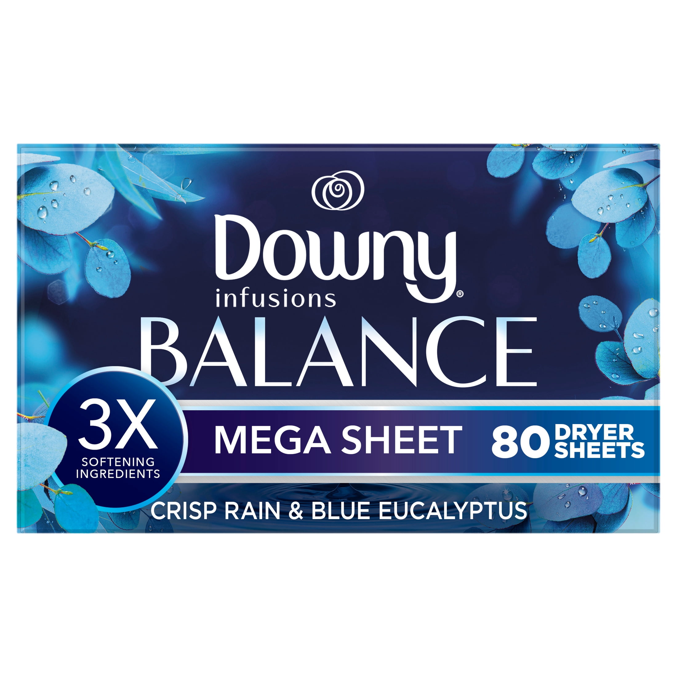 Downy Infusions Balance Fabric Softener Dryer Sheets, Crisp Rain and Blue Eucalyptus Scent (Blue, 80 Count) jncgu