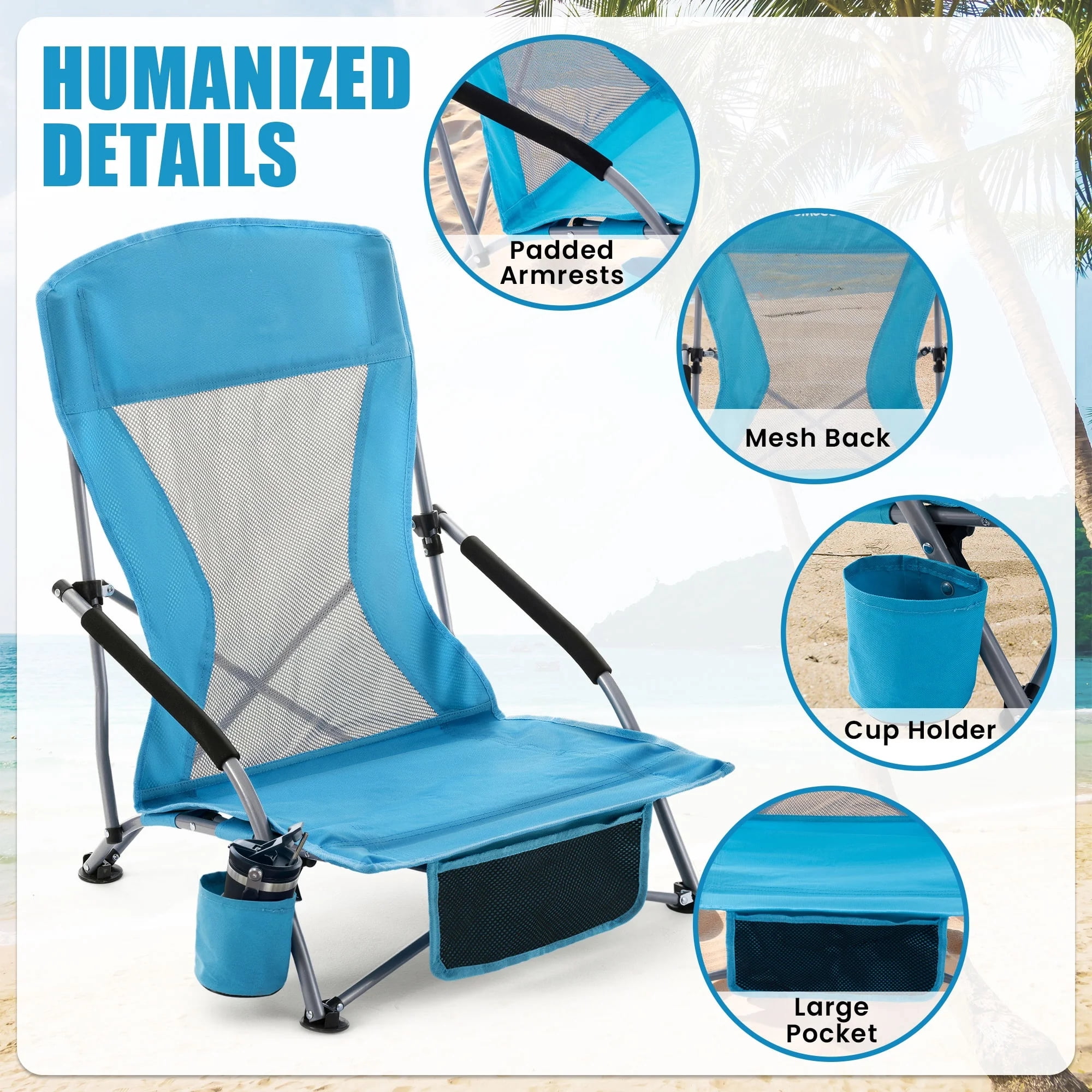 Umineux Folding Beach Chair for Adults, Portable Lightweight Outdoor Seat with Cup Holder (Light Blue, 22 in x 19.7 in x 27.5 in) tuui1