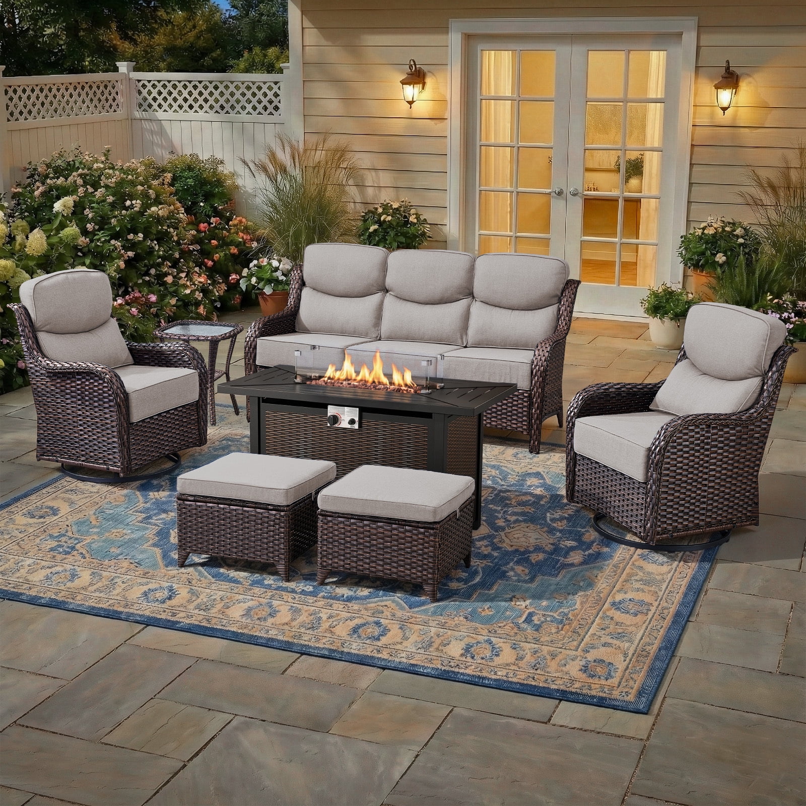 Bellefurn 7-Piece Patio Furniture Set with Fire Pit Table, Swivel Rockers, Sofa, and Ottomans (Brown, 7-Piece Set) hvj5c