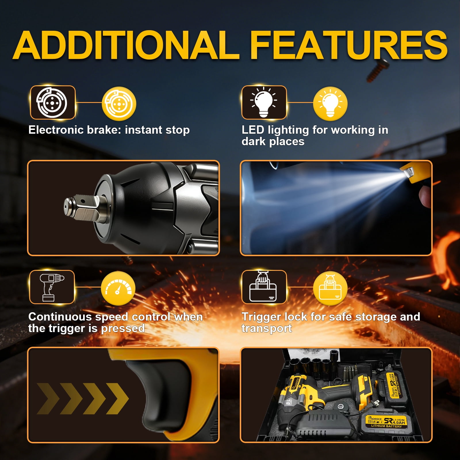 Pnoeoce Brushless Cordless Impact Wrench 20V High Torque 1/2 Inch Drive Power Tool Kit (Yellow, 2 Batteries and 4 Sockets) hq2x8