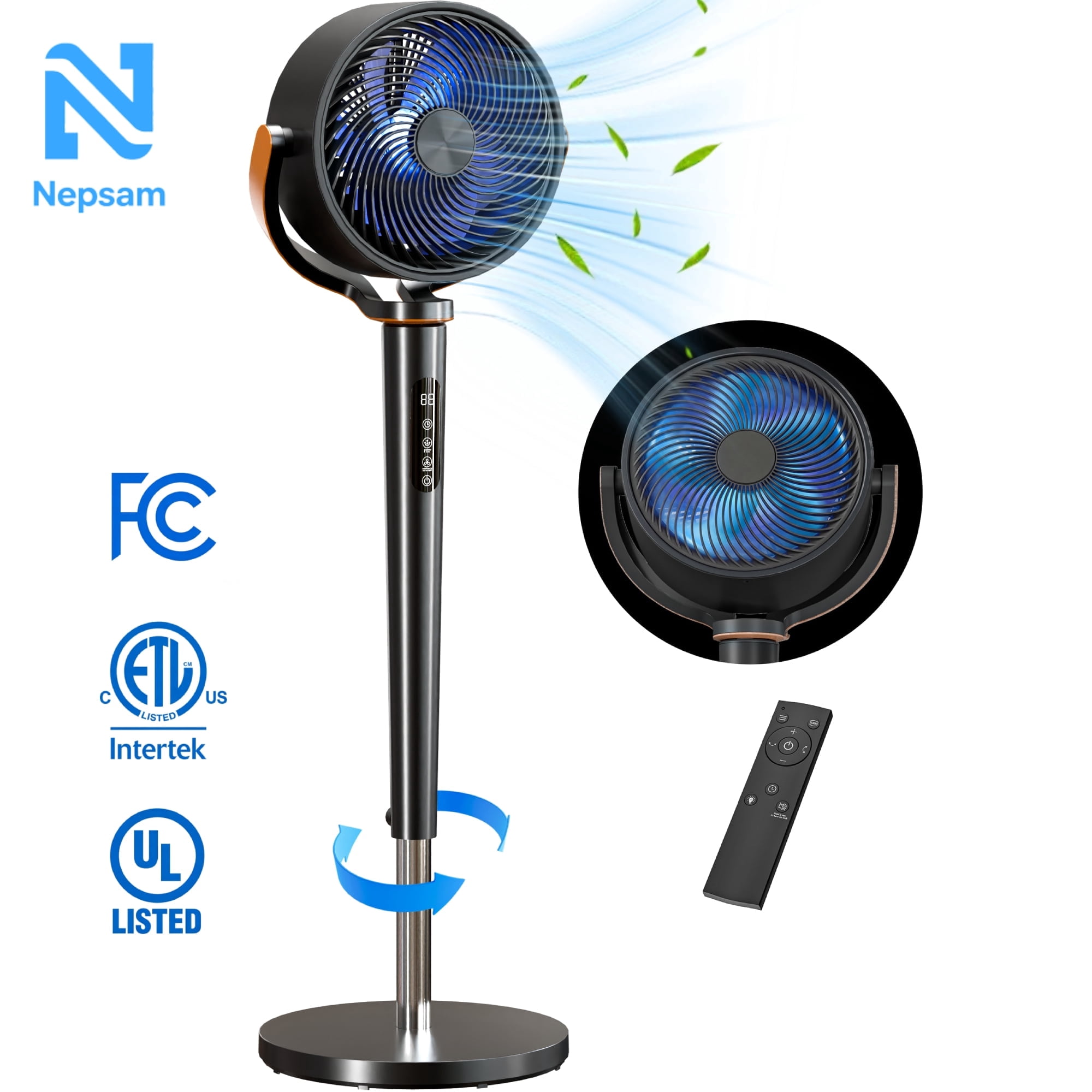 Nepsam Pedestal Fan with Remote, 16-Speed Quiet DC Motor, 120° Oscillation, Adjustable Height (Black, 45 in) zwjzw