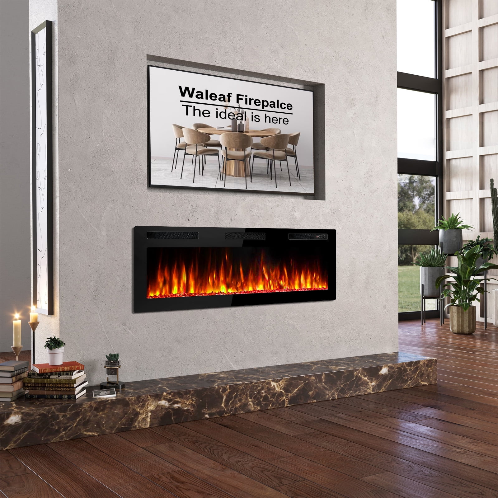 Waleaf 50 in Ultra Thin Electric Fireplace Heater, Recessed Wall Mounted Fireplace with Multicolor Flame and Remote Control (Black, 50 in) rbkrs